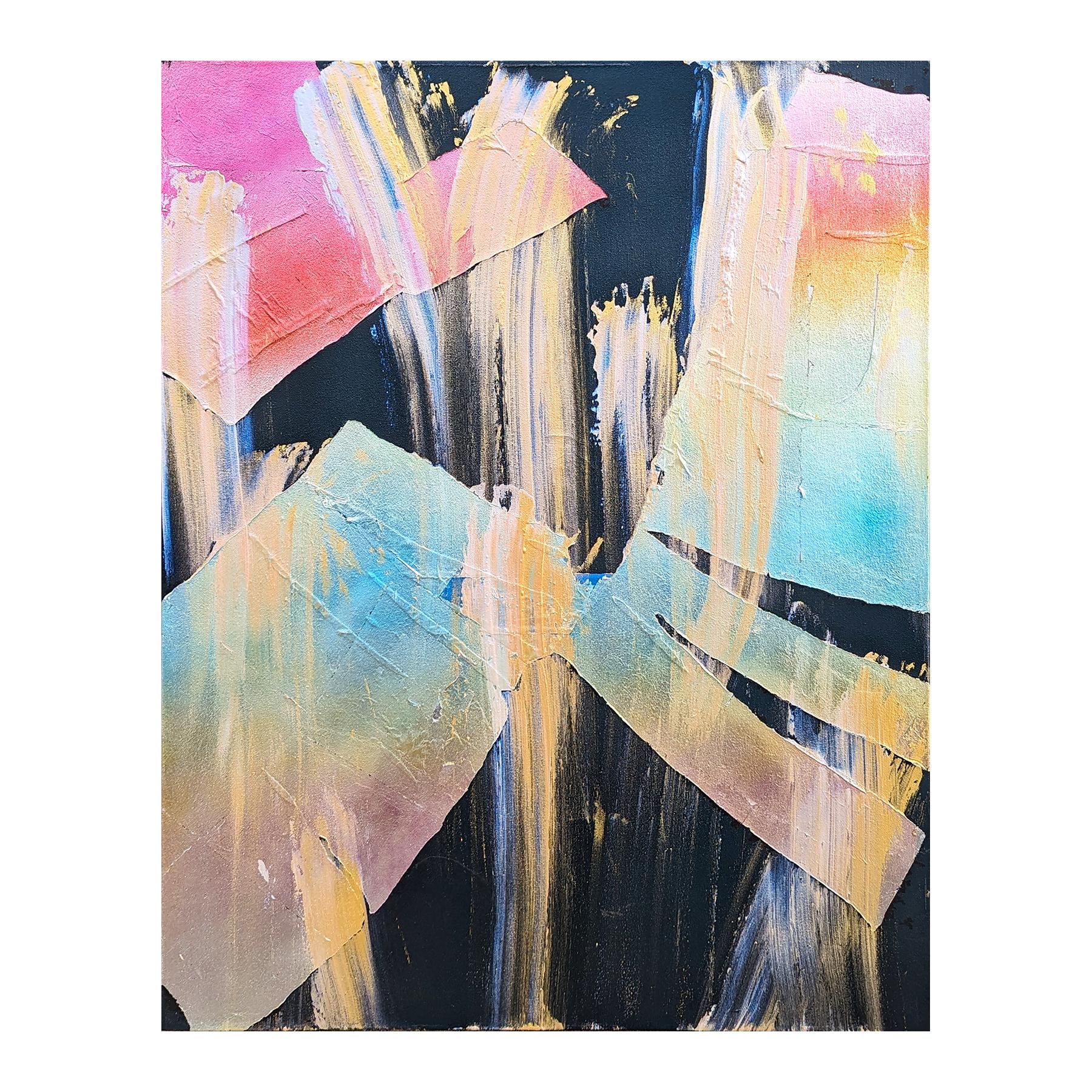 Contemporary Colorful Metallic Gestural Pink, Blue, and Gold Abstract Painting For Sale 1