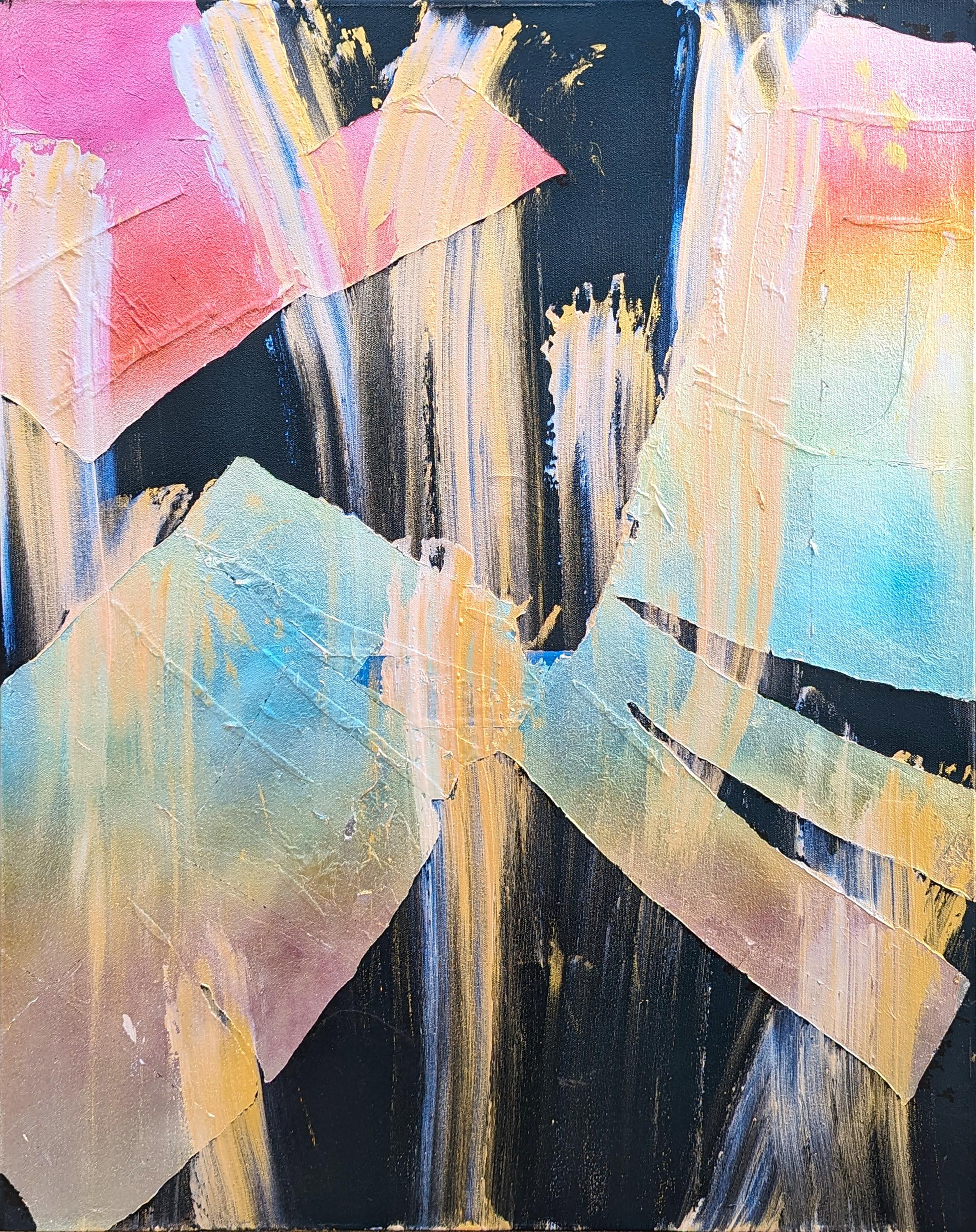 Colorful metallic gestural abstract painting by Brooklyn based artist Bret Shirley. The work features sweeping strokes of metallic blue, pink, and yellow set against a black background. Signed and dated on the reverse. Currently unframed, but