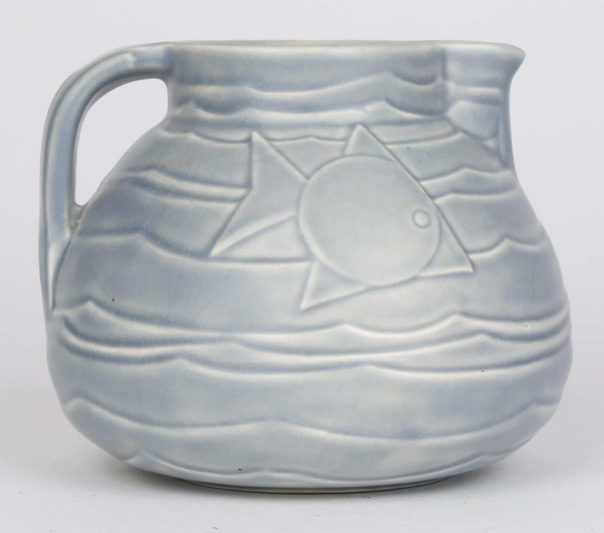 Glazed Bretby Art Deco Pottery Jug with Stylized Fish Pattern