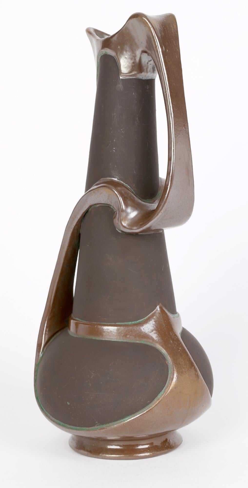 Bretby Art Nouveau Stylish Bronze Glazed Art Pottery Handled Ewer  9