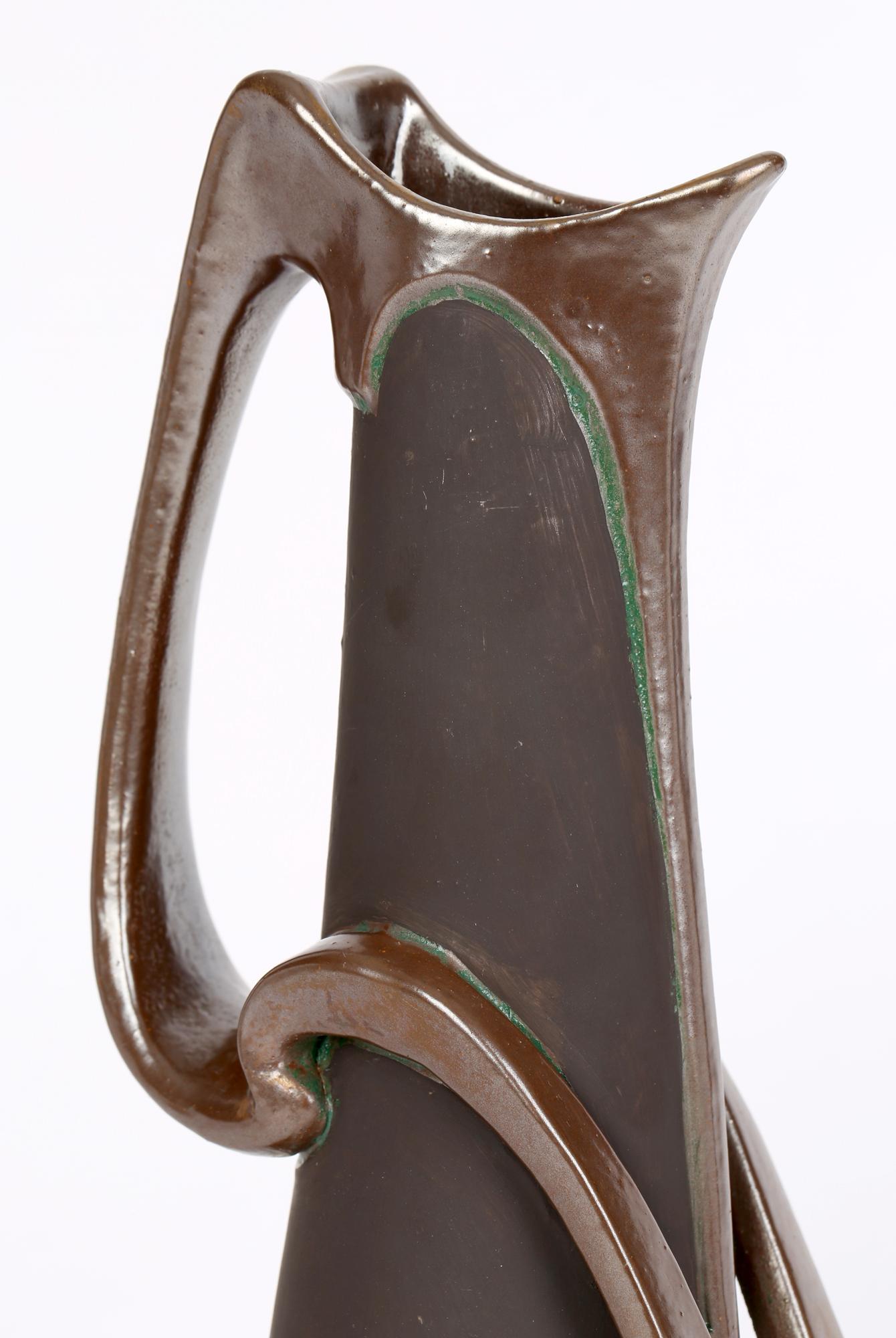 Bretby Art Nouveau Stylish Bronze Glazed Art Pottery Handled Ewer  In Good Condition In Bishop's Stortford, Hertfordshire