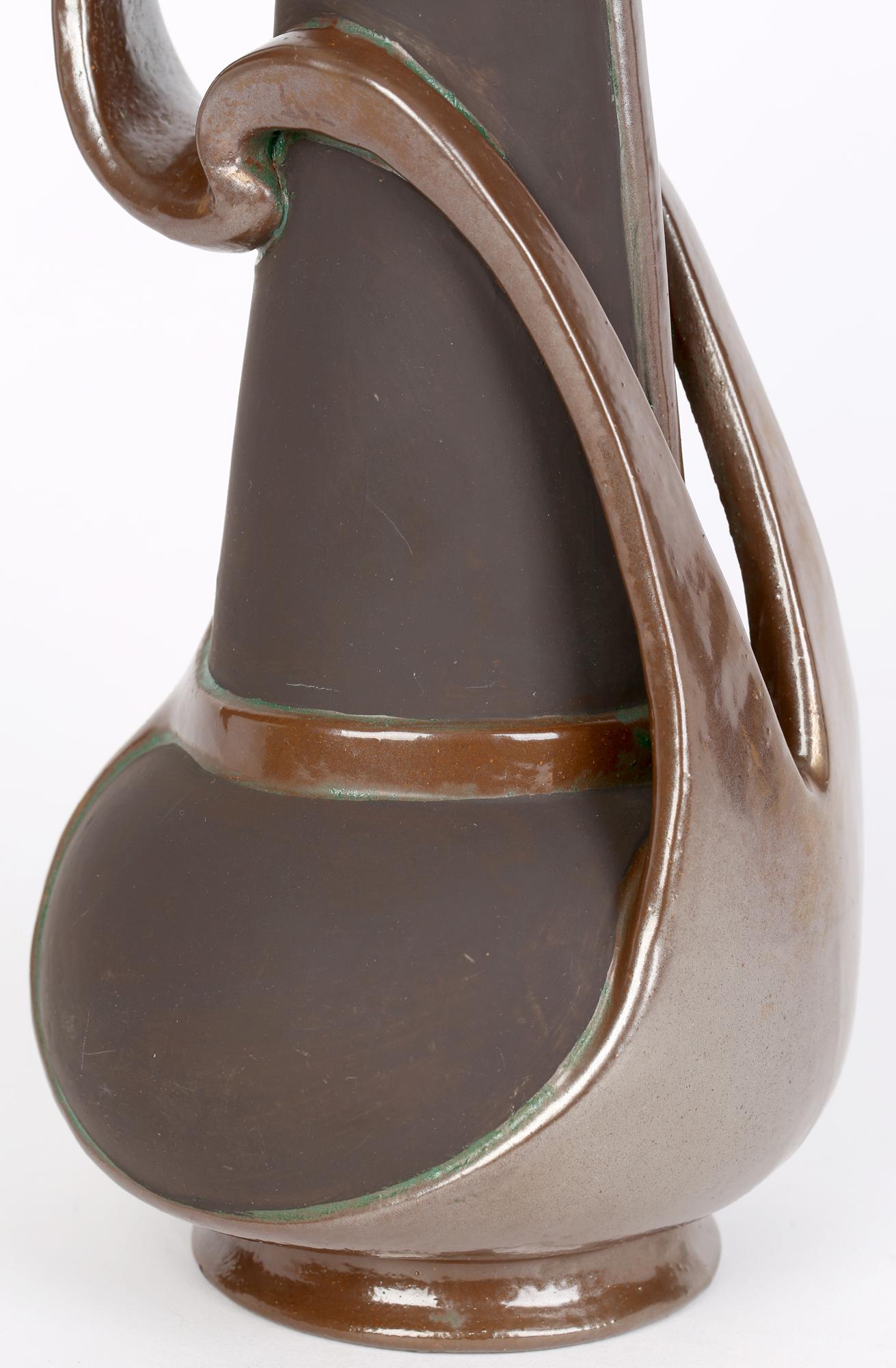 Early 20th Century Bretby Art Nouveau Stylish Bronze Glazed Art Pottery Handled Ewer 