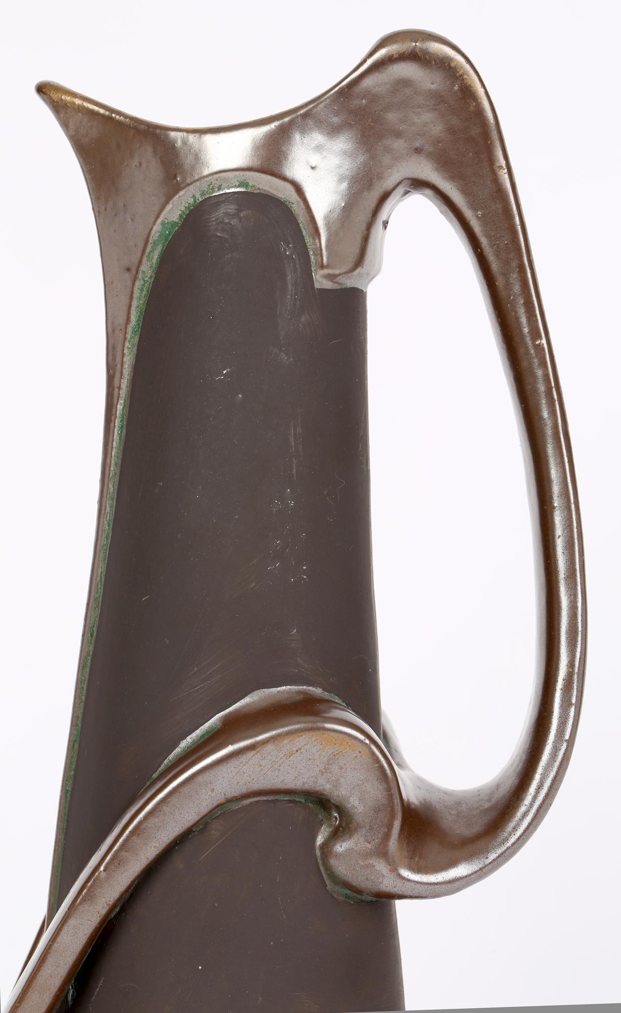 Bretby Art Nouveau Stylish Bronze Glazed Art Pottery Handled Ewer  1