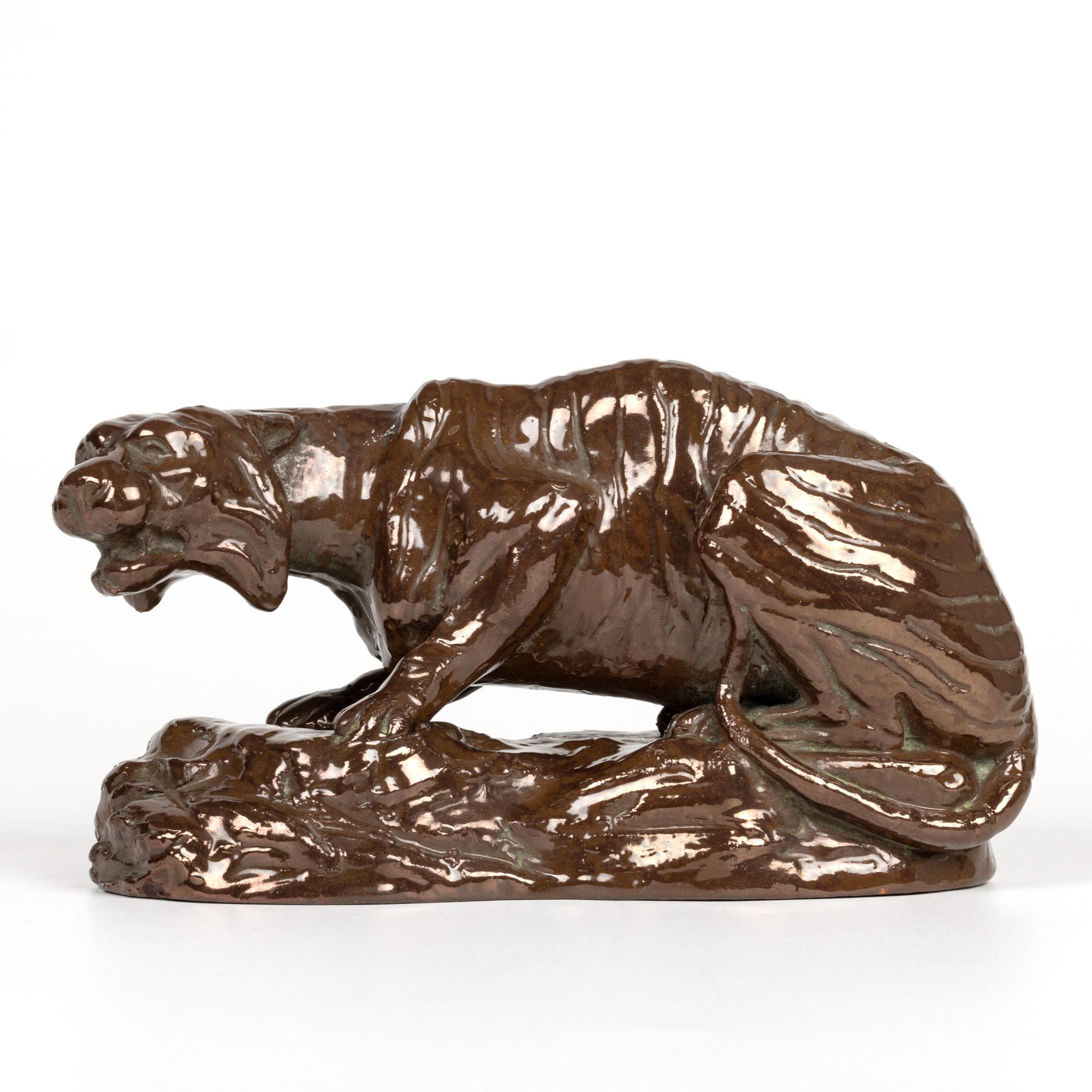 Art Deco Bretby Rare Crouching Tiger on Rocky Ground Pottery Figure For Sale