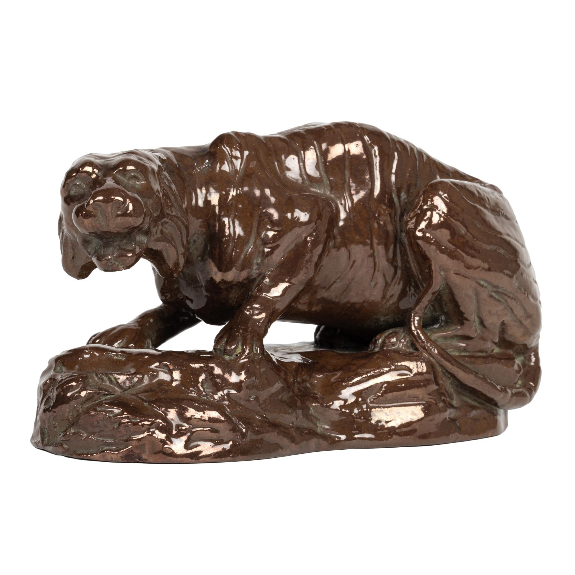 Early 20th Century Bretby Rare Crouching Tiger on Rocky Ground Pottery Figure For Sale