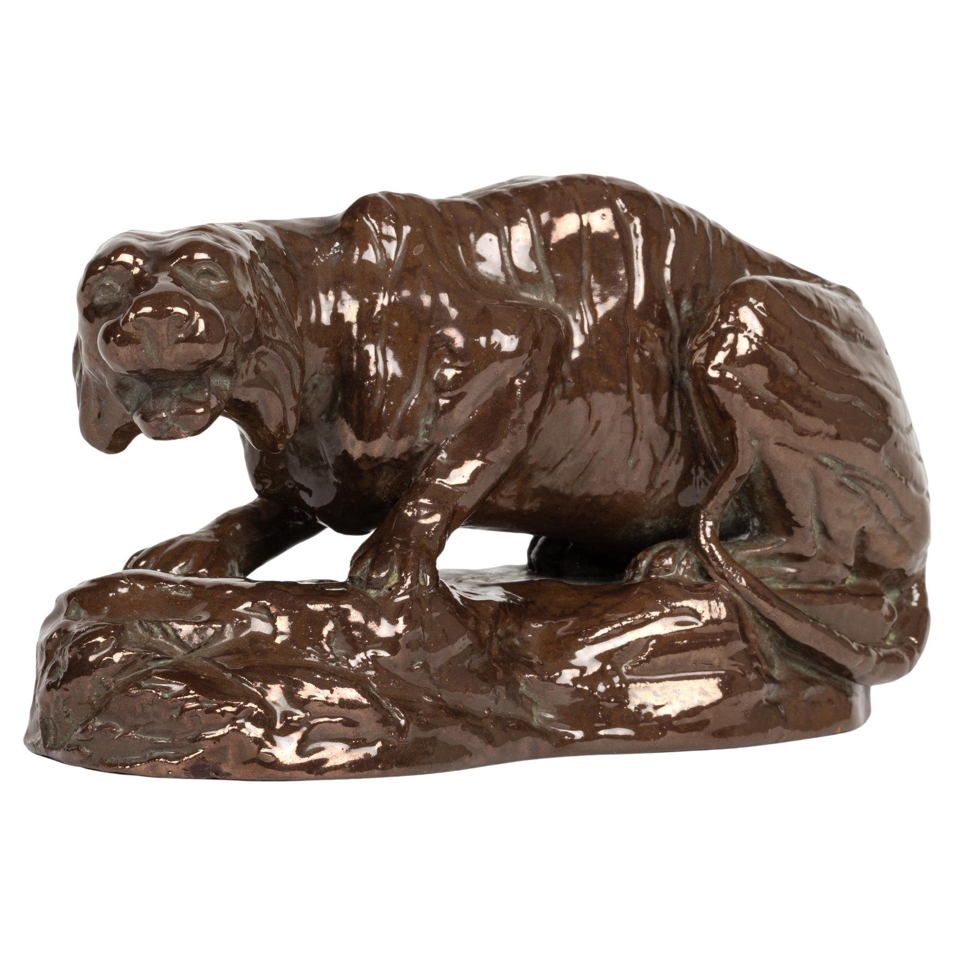 Bretby Rare Crouching Tiger on Rocky Ground Pottery Figure For Sale