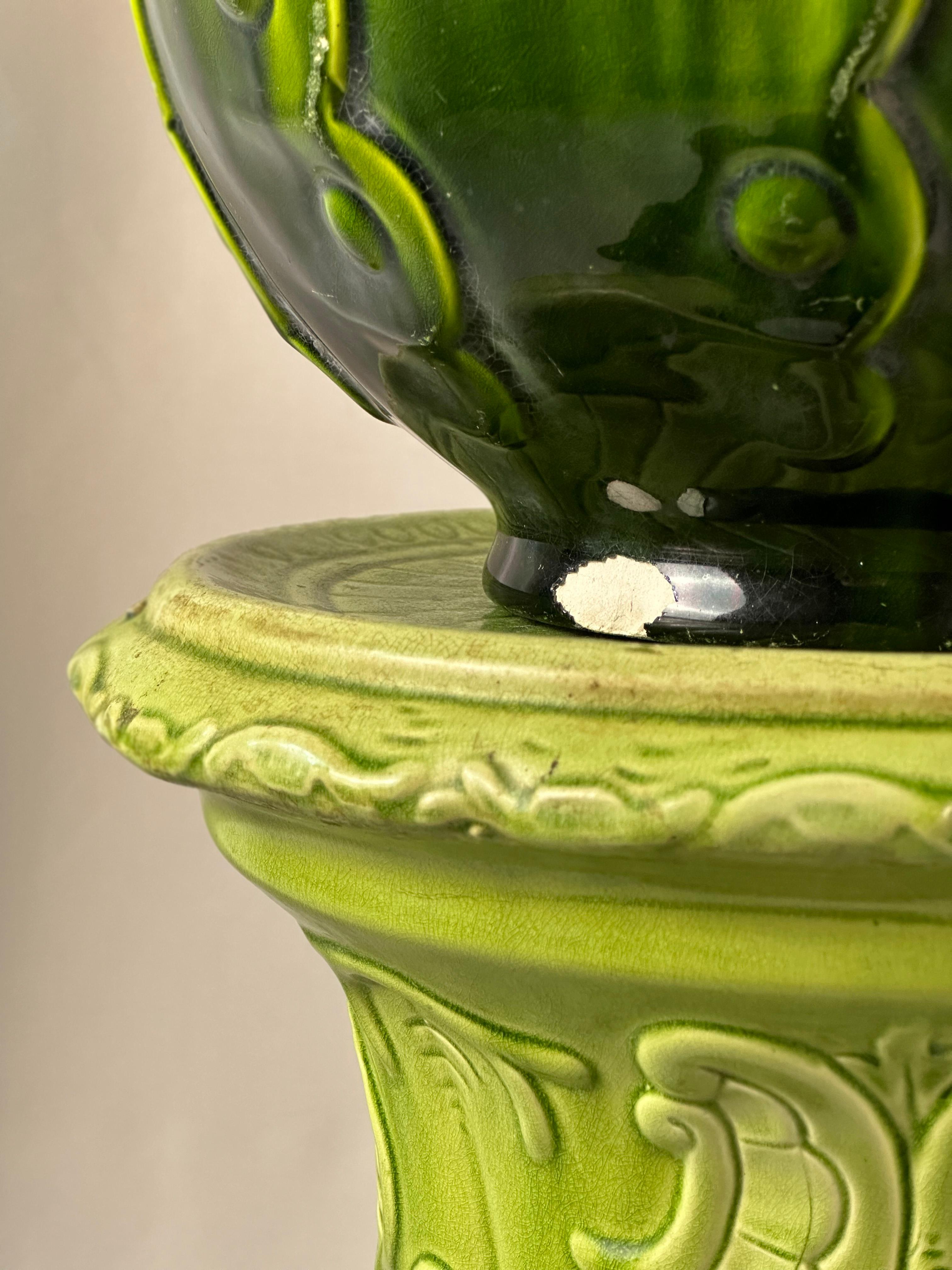 British Victorian, Majolica Jardiniere - Green Pottery Planter and Pedestal by Bretby For Sale