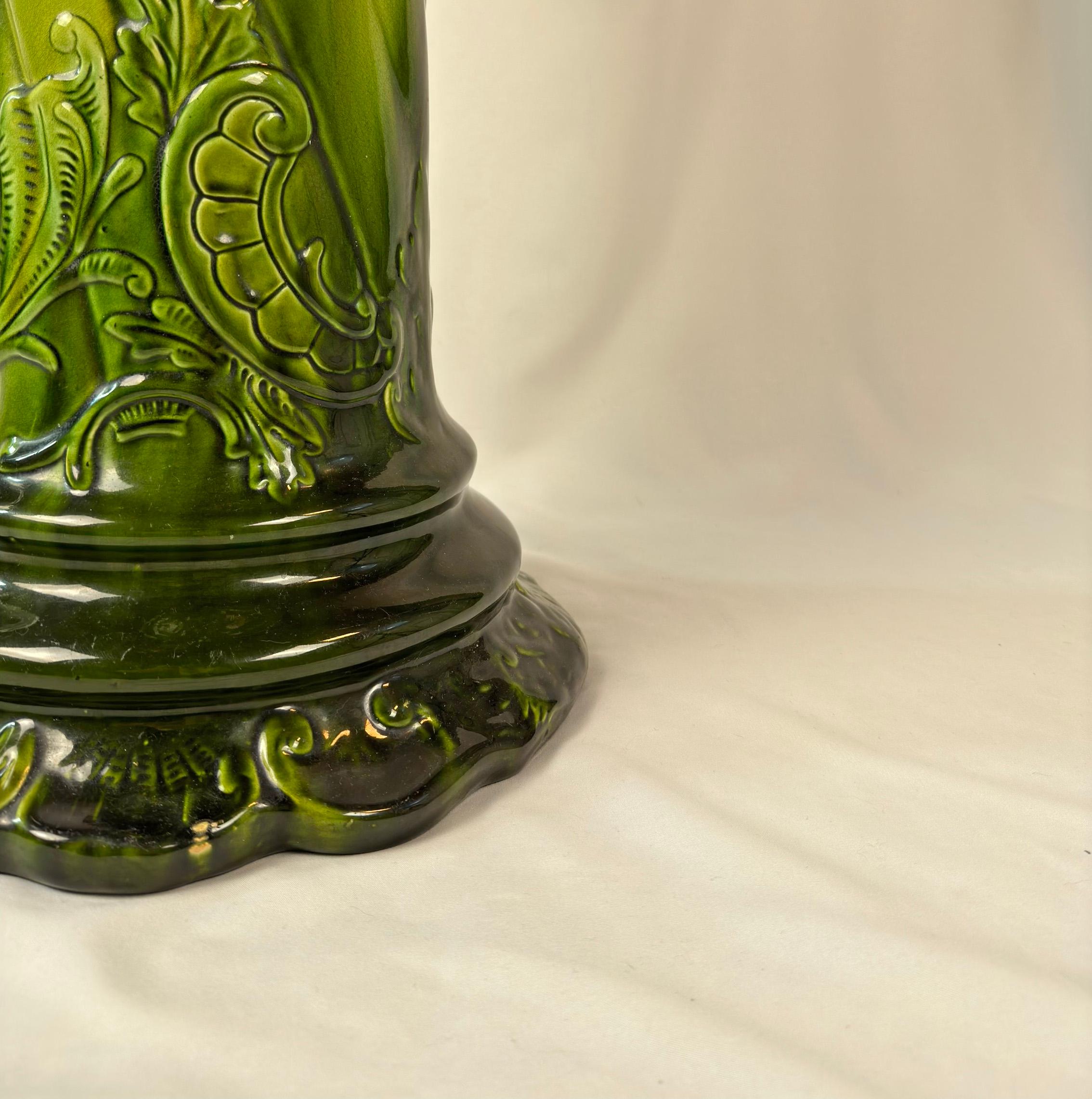 Late 19th Century Victorian, Majolica Jardiniere - Green Pottery Planter and Pedestal by Bretby For Sale
