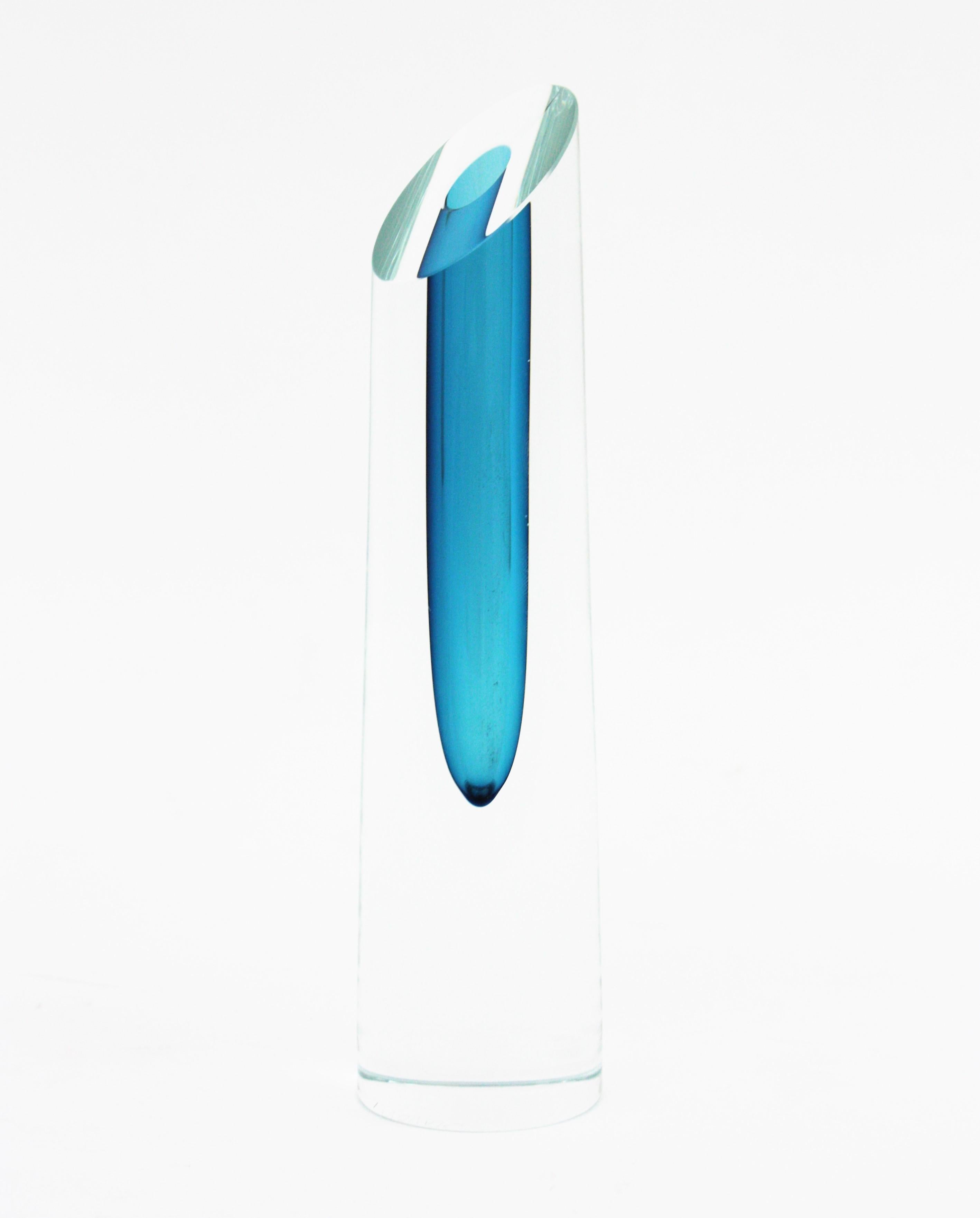 Mid-Century Modern Bretislav Novak Blue and Clear Sommerso Art Glass Vase For Sale