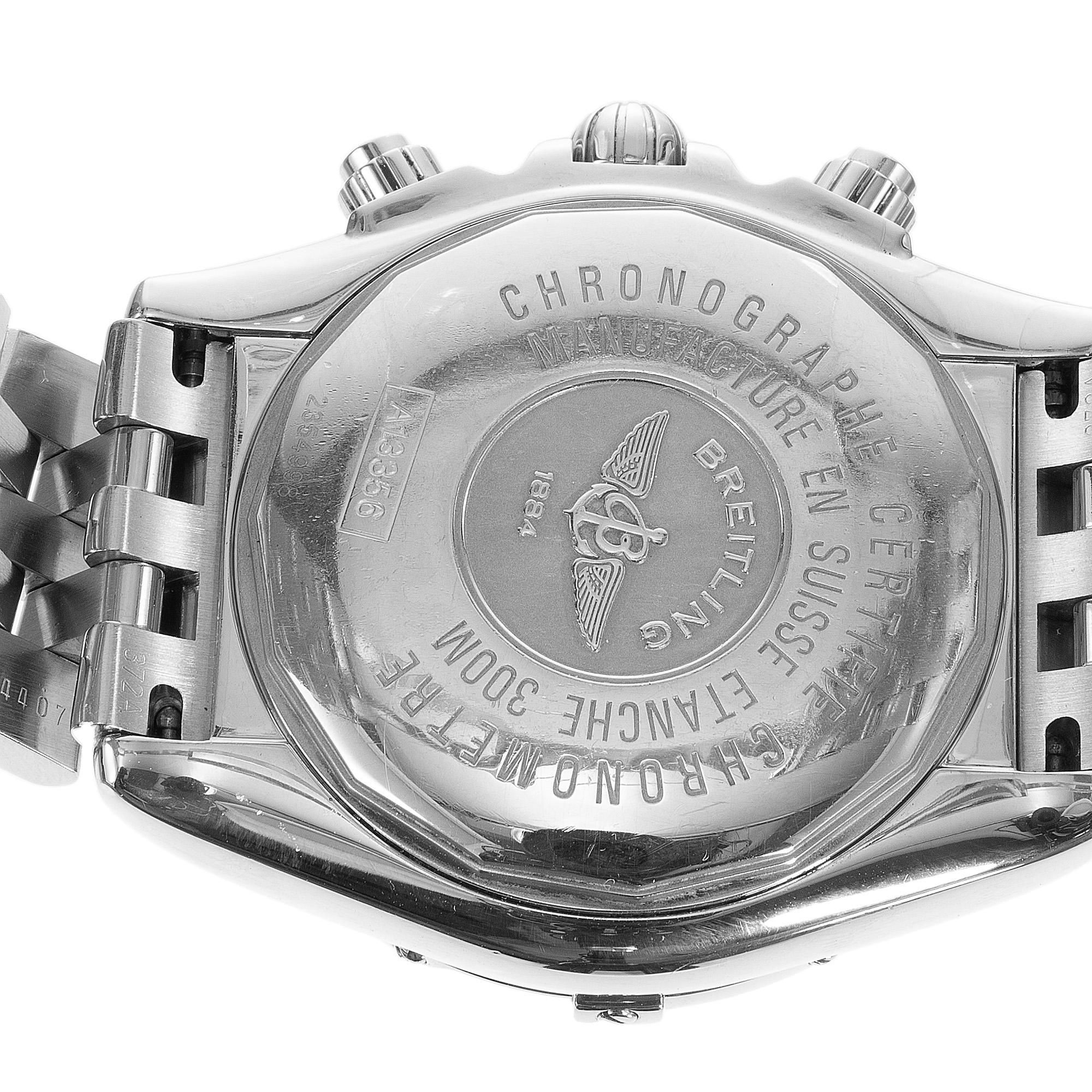 Breitling stainless steel Chronomat men's wristwatch, a masterpiece of precision and style that commands attention. Case diameter 44mm with a total length top to bottom 51mm. Its robust stainless steel case cradles a sophisticated roman numeral