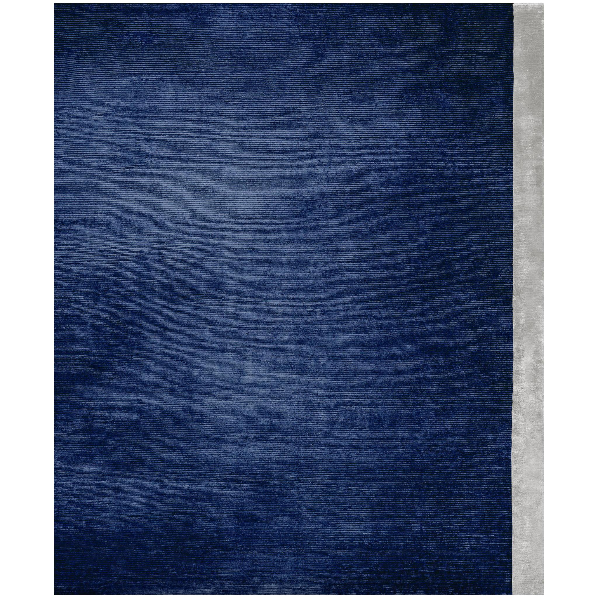 Color Block Deep Blue Plain Traditional Hand Knotted Bamboo Silk Rug
