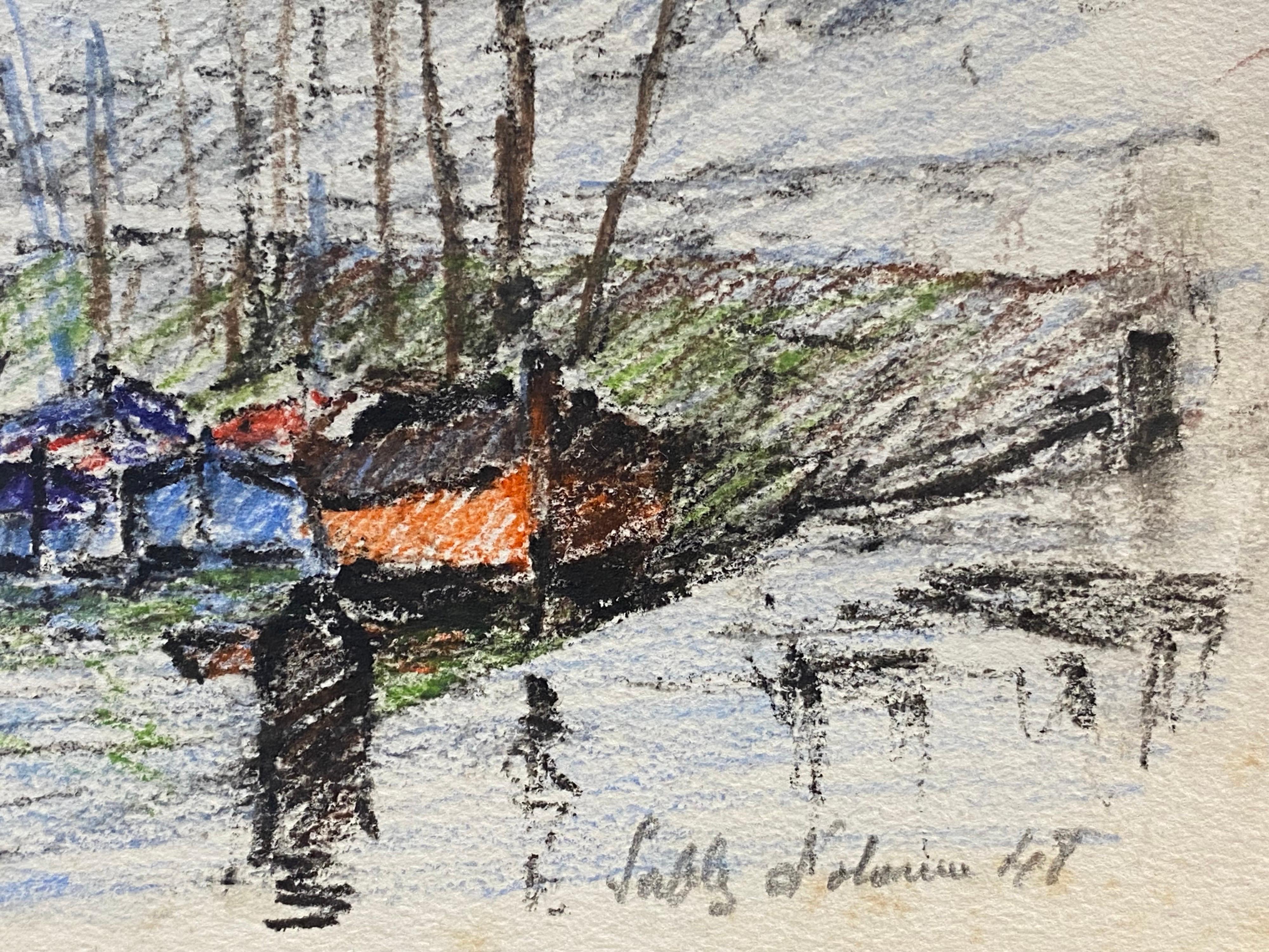 20th Century Breton Harbour Boats, Camille Meriot French Signed Impressionist Crayon Drawing For Sale