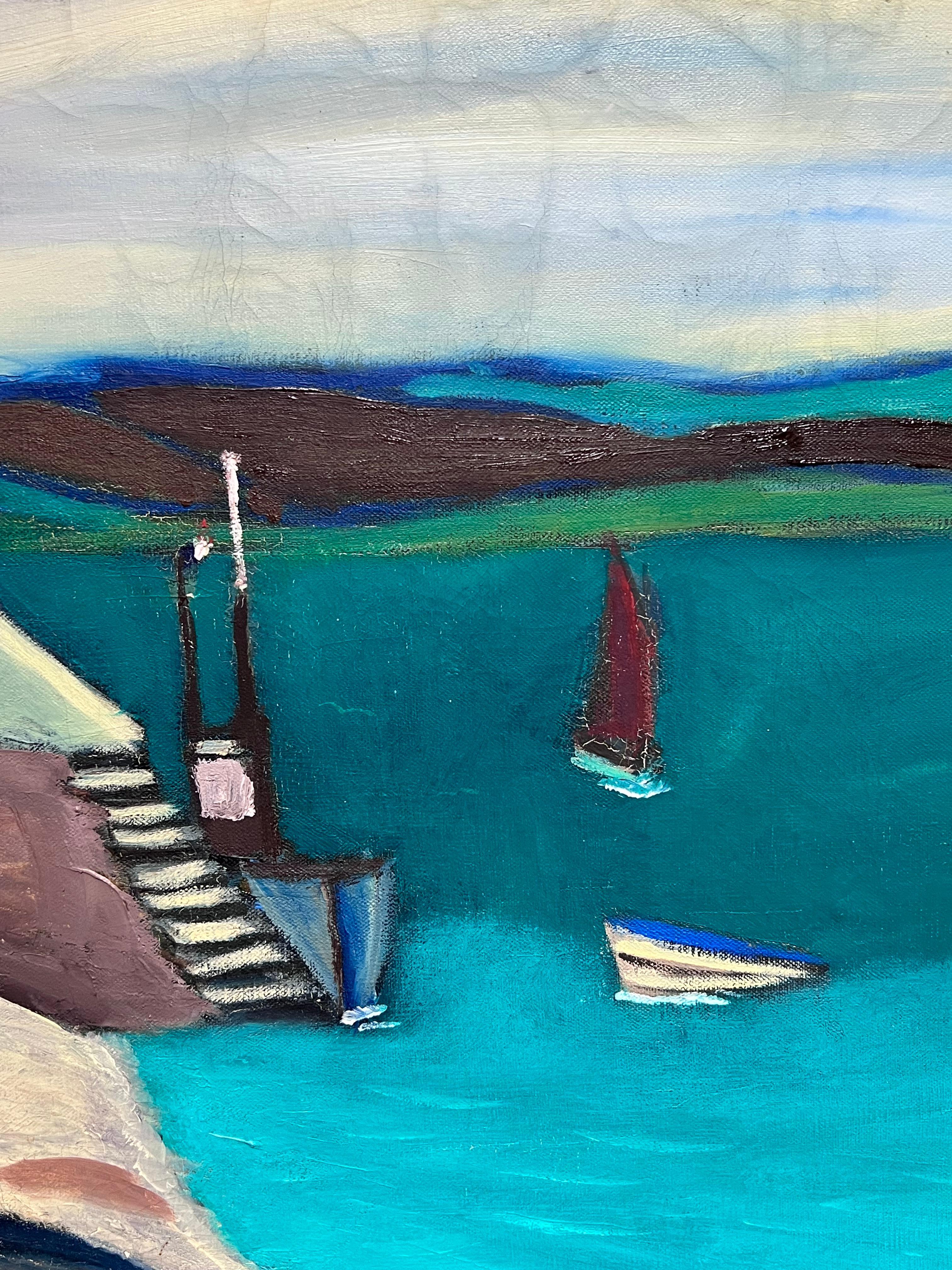 Huge 1950's French Modernist Oil Painting Breton Fishing Village Harbor by Sea 7