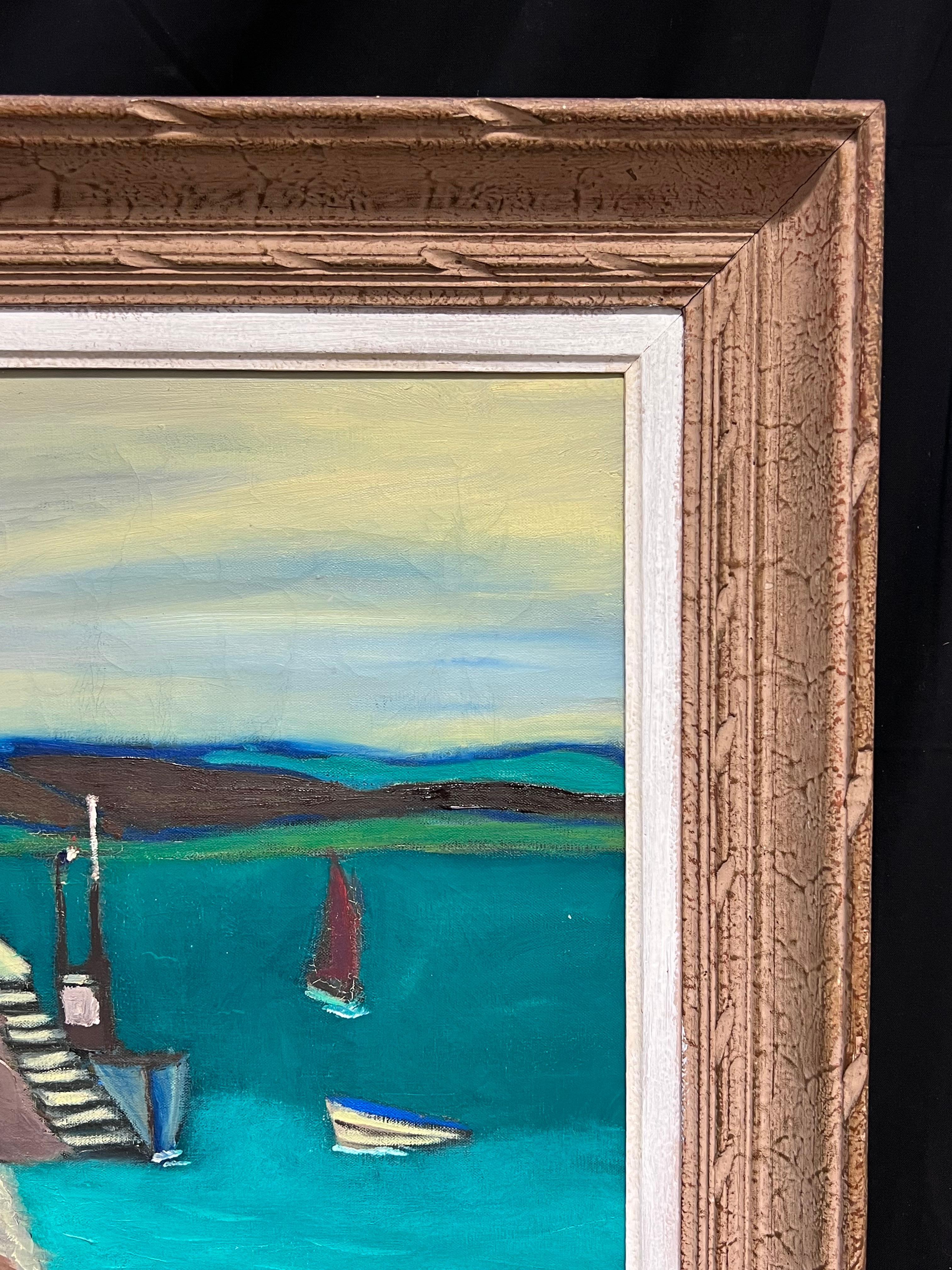 Huge 1950's French Modernist Oil Painting Breton Fishing Village Harbor by Sea 8