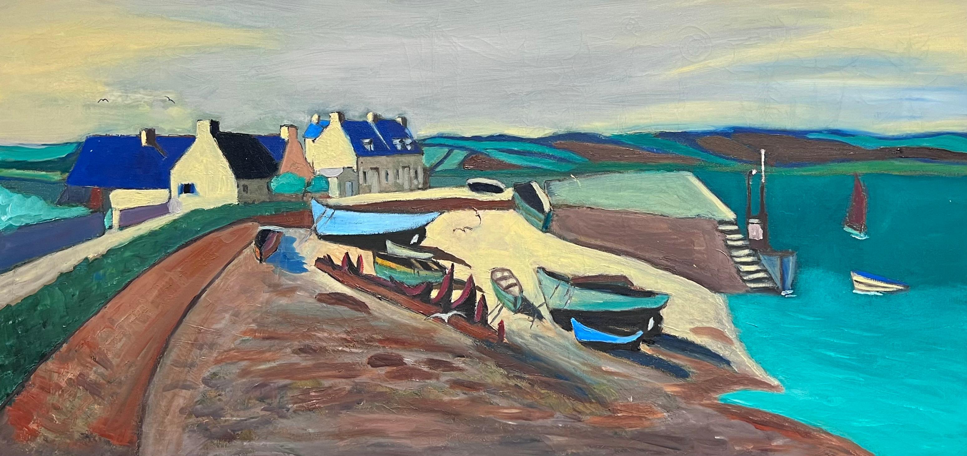 Huge 1950's French Modernist Oil Painting Breton Fishing Village Harbor by Sea - Brown Figurative Painting by Breton Mid 20th Century
