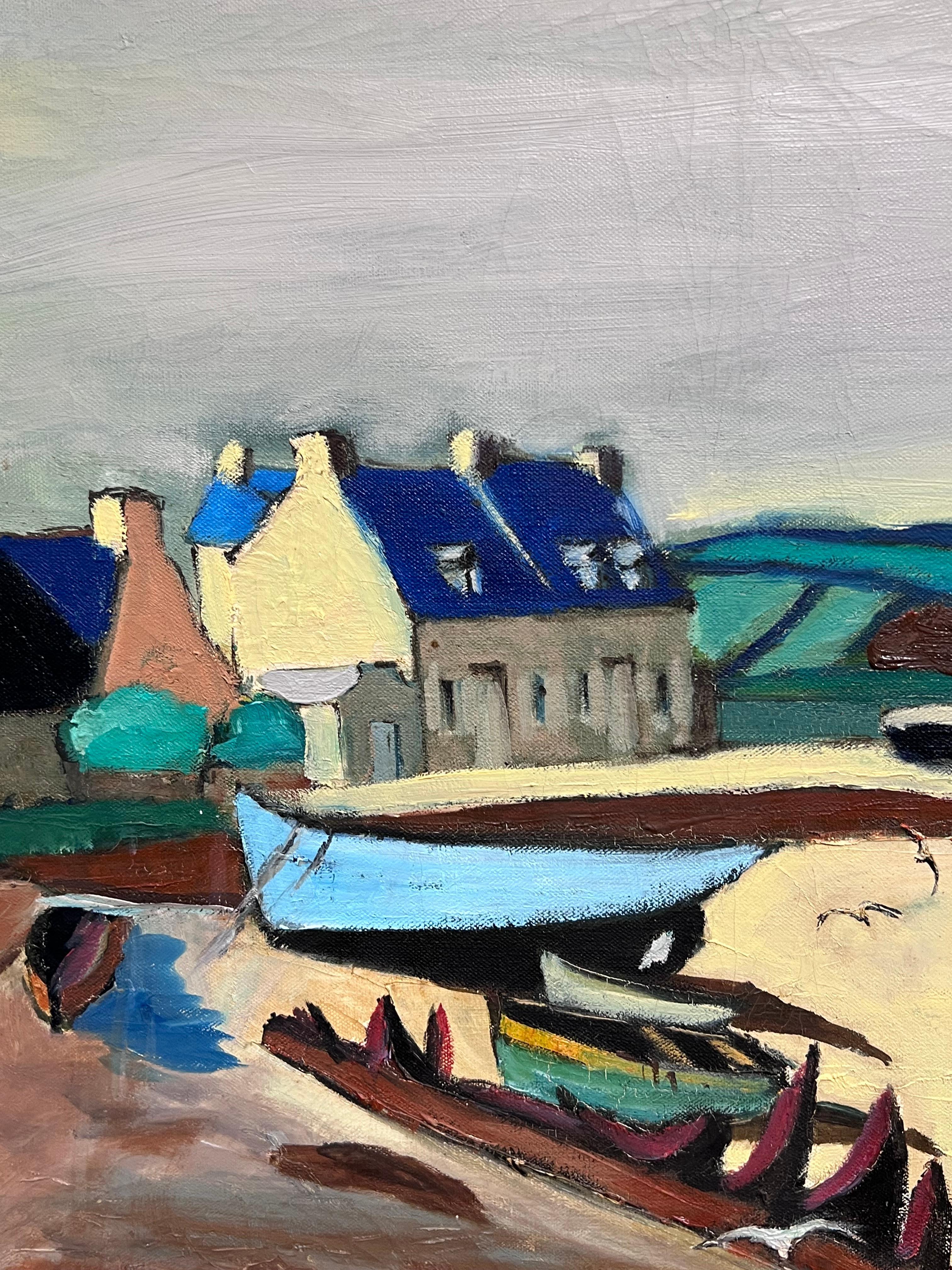Huge 1950's French Modernist Oil Painting Breton Fishing Village Harbor by Sea 1
