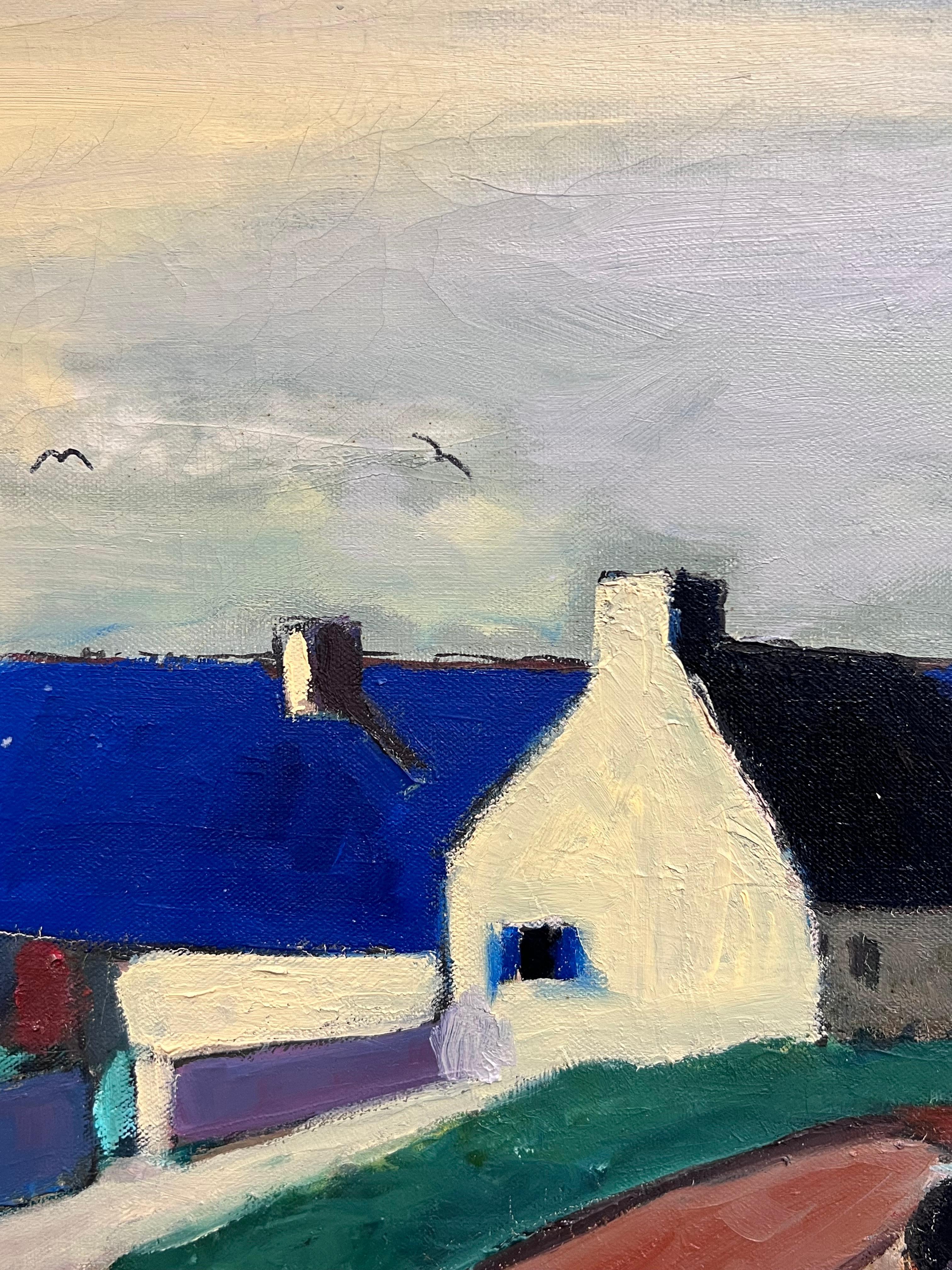 Huge 1950's French Modernist Oil Painting Breton Fishing Village Harbor by Sea 2