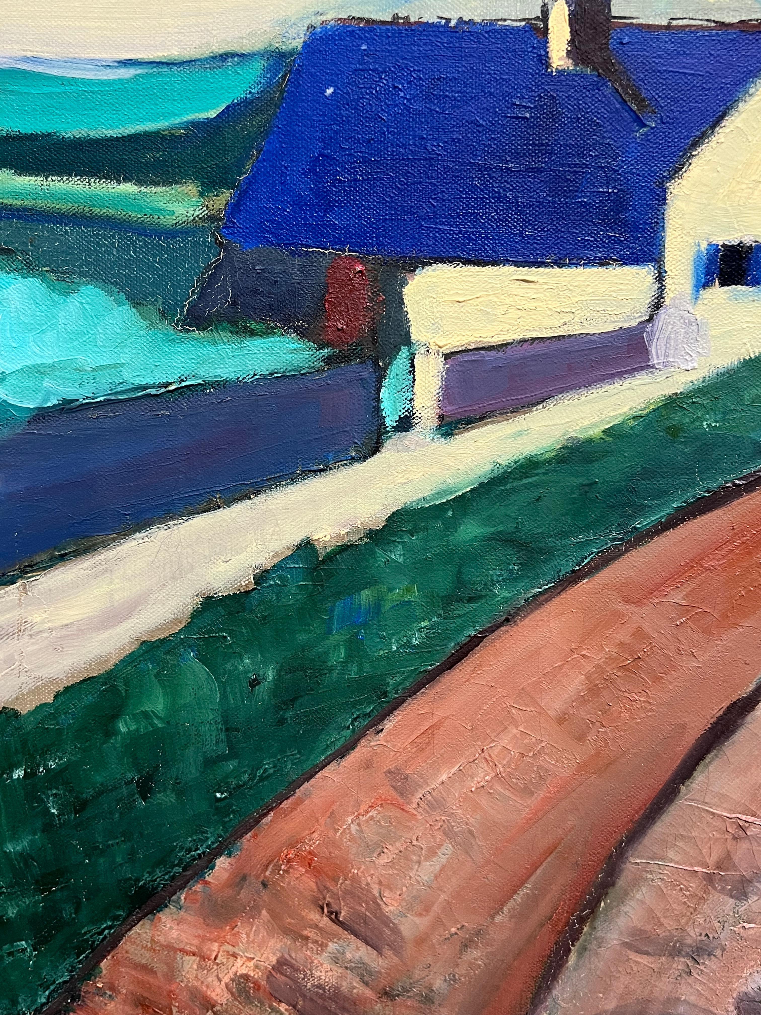 Huge 1950's French Modernist Oil Painting Breton Fishing Village Harbor by Sea 3