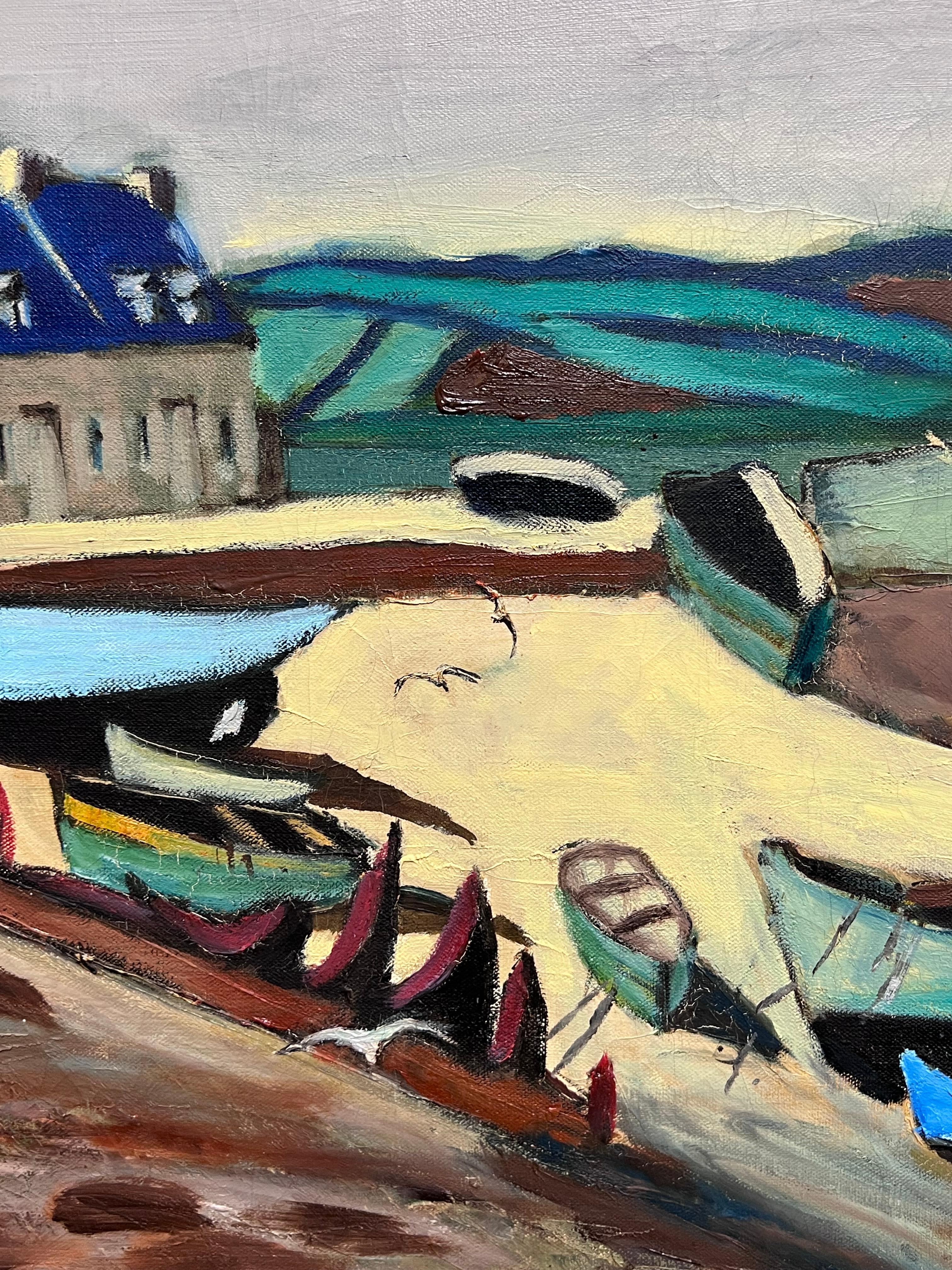 Huge 1950's French Modernist Oil Painting Breton Fishing Village Harbor by Sea 5
