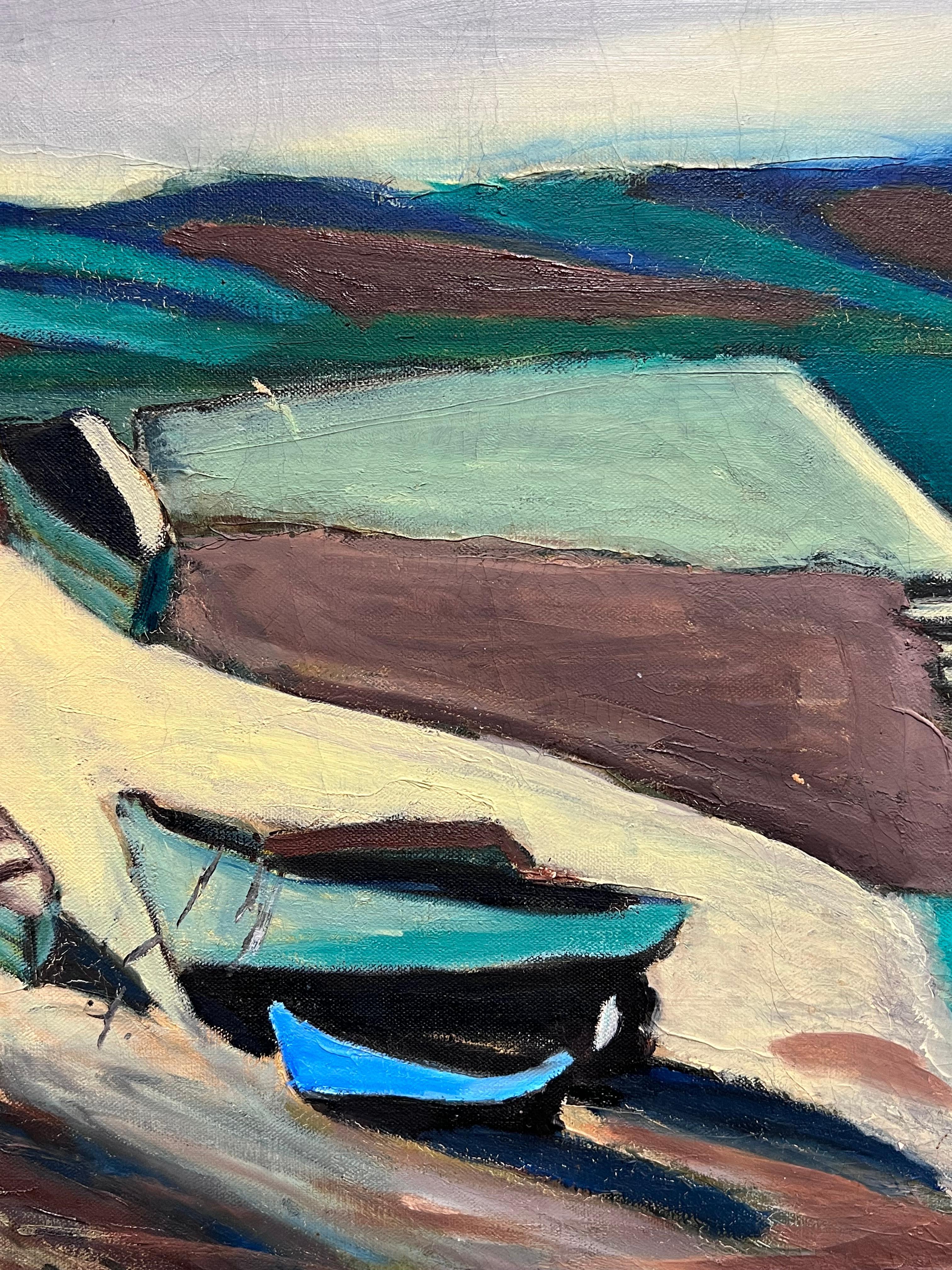 Huge 1950's French Modernist Oil Painting Breton Fishing Village Harbor by Sea 6