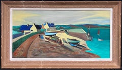 Huge 1950's French Modernist Oil Painting Breton Fishing Village Harbor by Sea