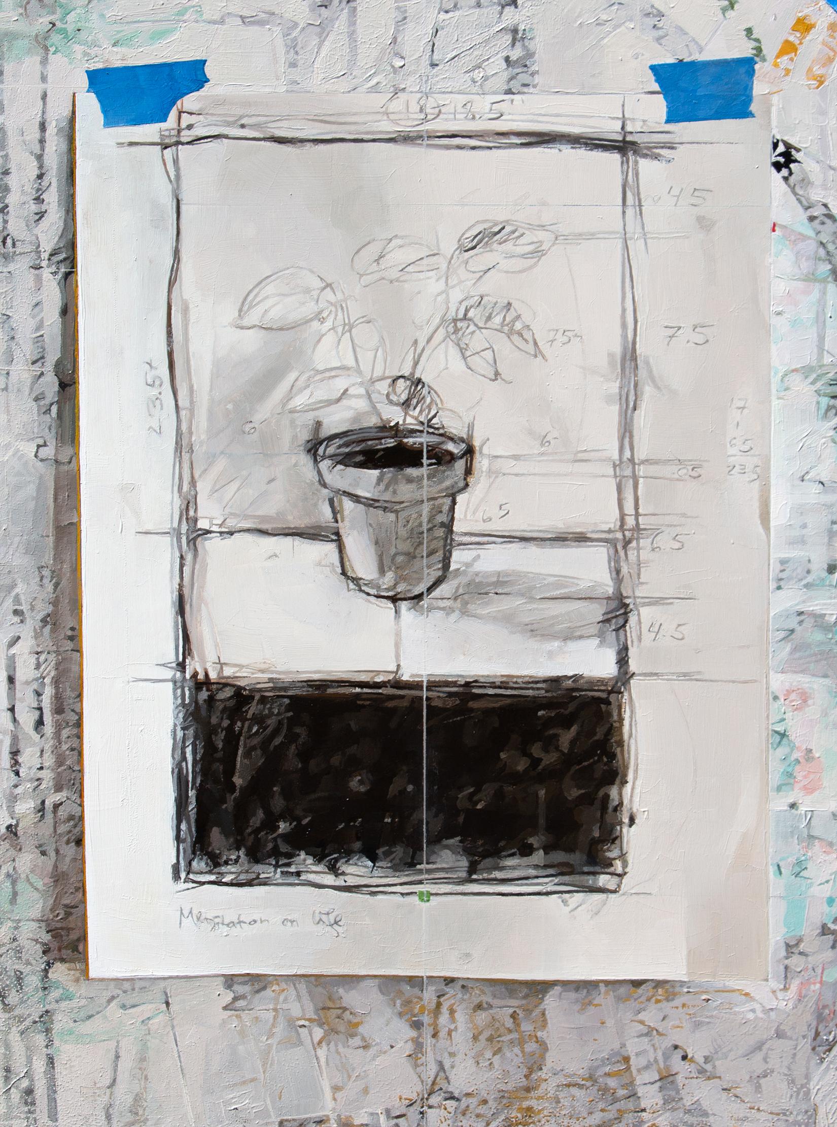 In this quiet still life painting, a drawing on paper of a sketched plant in a simple pot is taped with blue tape to a white wall with gray marks, while a plumb bob, an artist's tool used as a guide for vertical lines, hangs like a pendulum in front