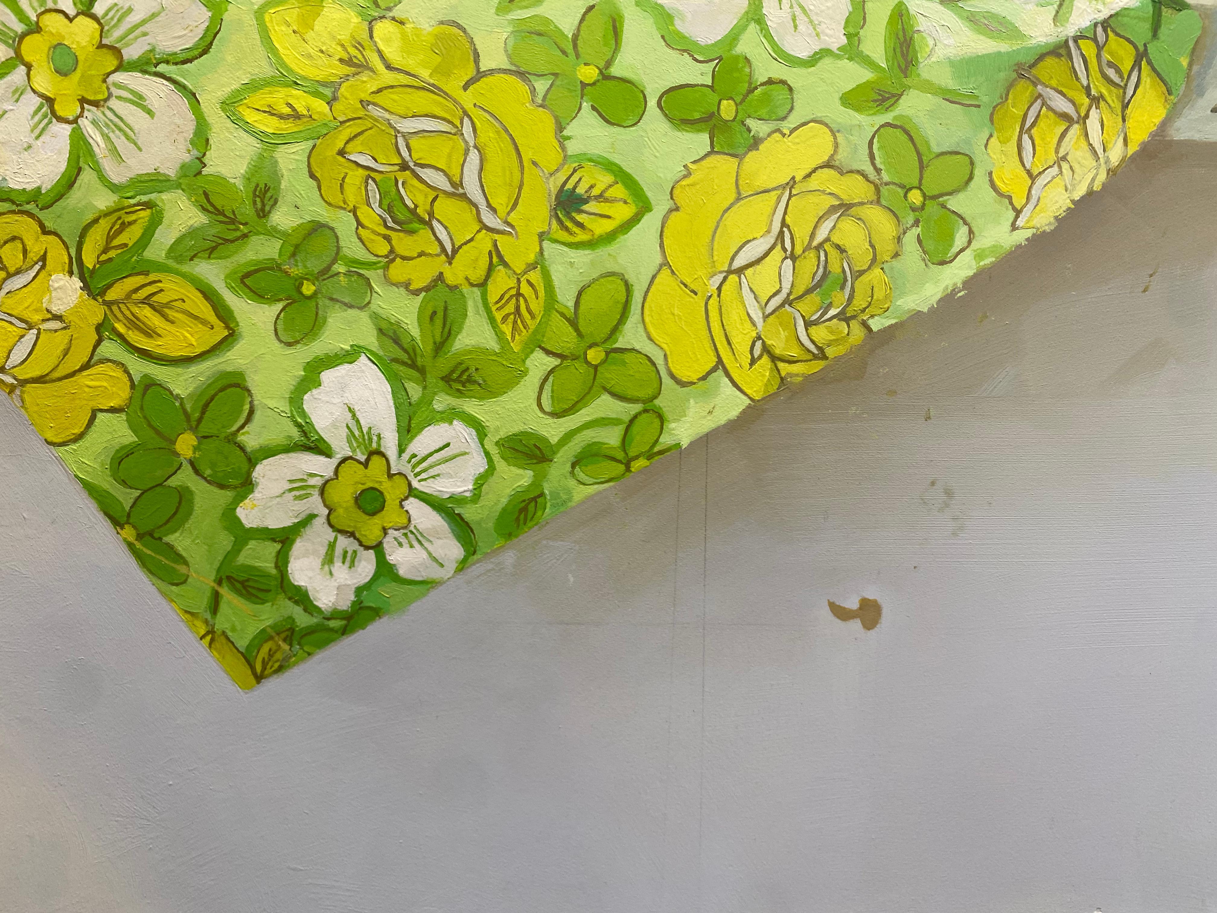 Fragment, Still Life, Botanical Patterned Green, Yellow Fabric, Wooden Table For Sale 6