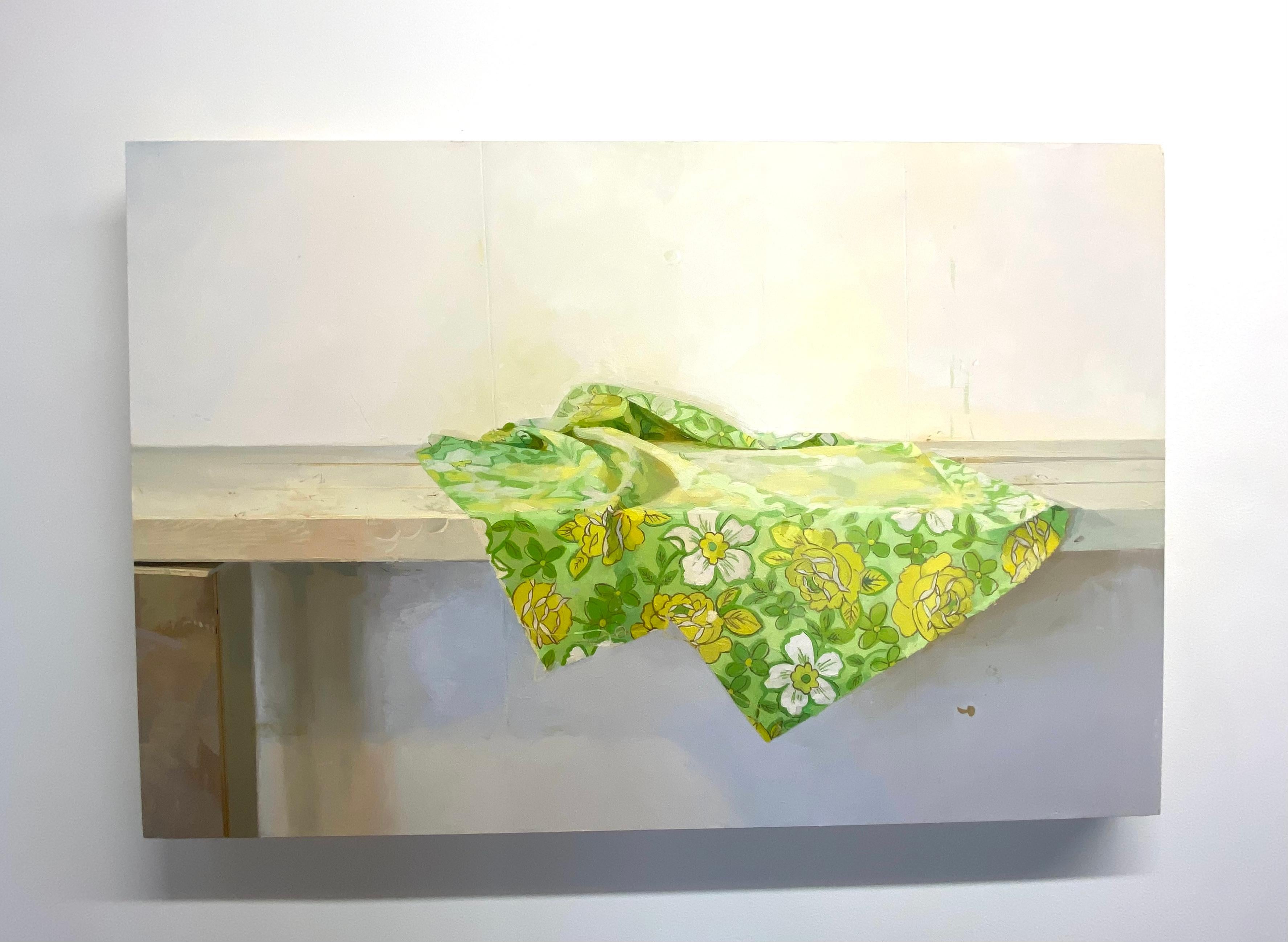 Fragment, Still Life, Botanical Patterned Green, Yellow Fabric, Wooden Table - Contemporary Painting by Brett Eberhardt