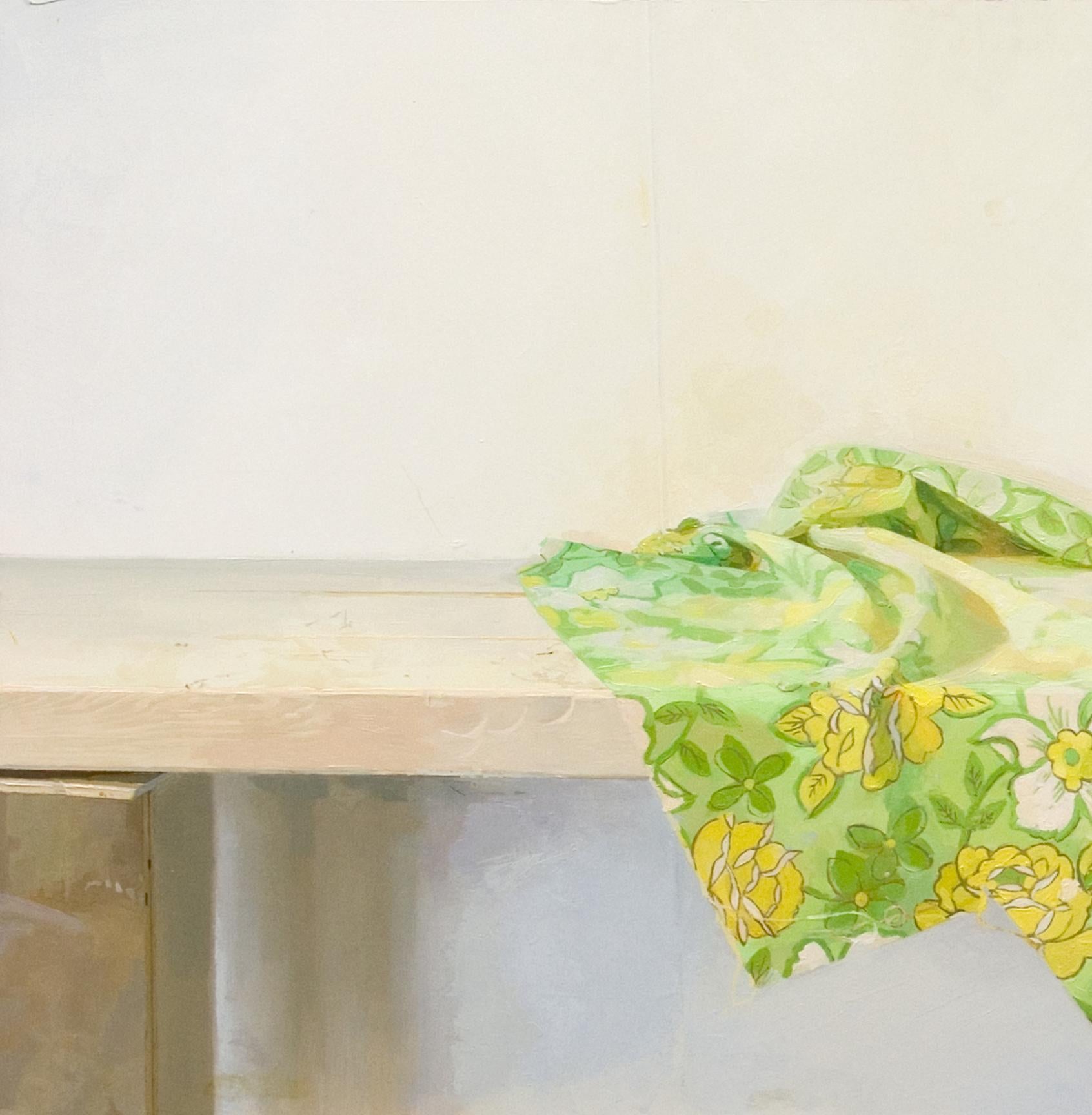 A floral patterned fabric with yellow flowers on light green lays atop a nondescript light wood table. The botanical patterned object is unexpectedly dramatic against a stark white wall. Signed, dated and titled on verso.

Brett Eberhardt’s painted