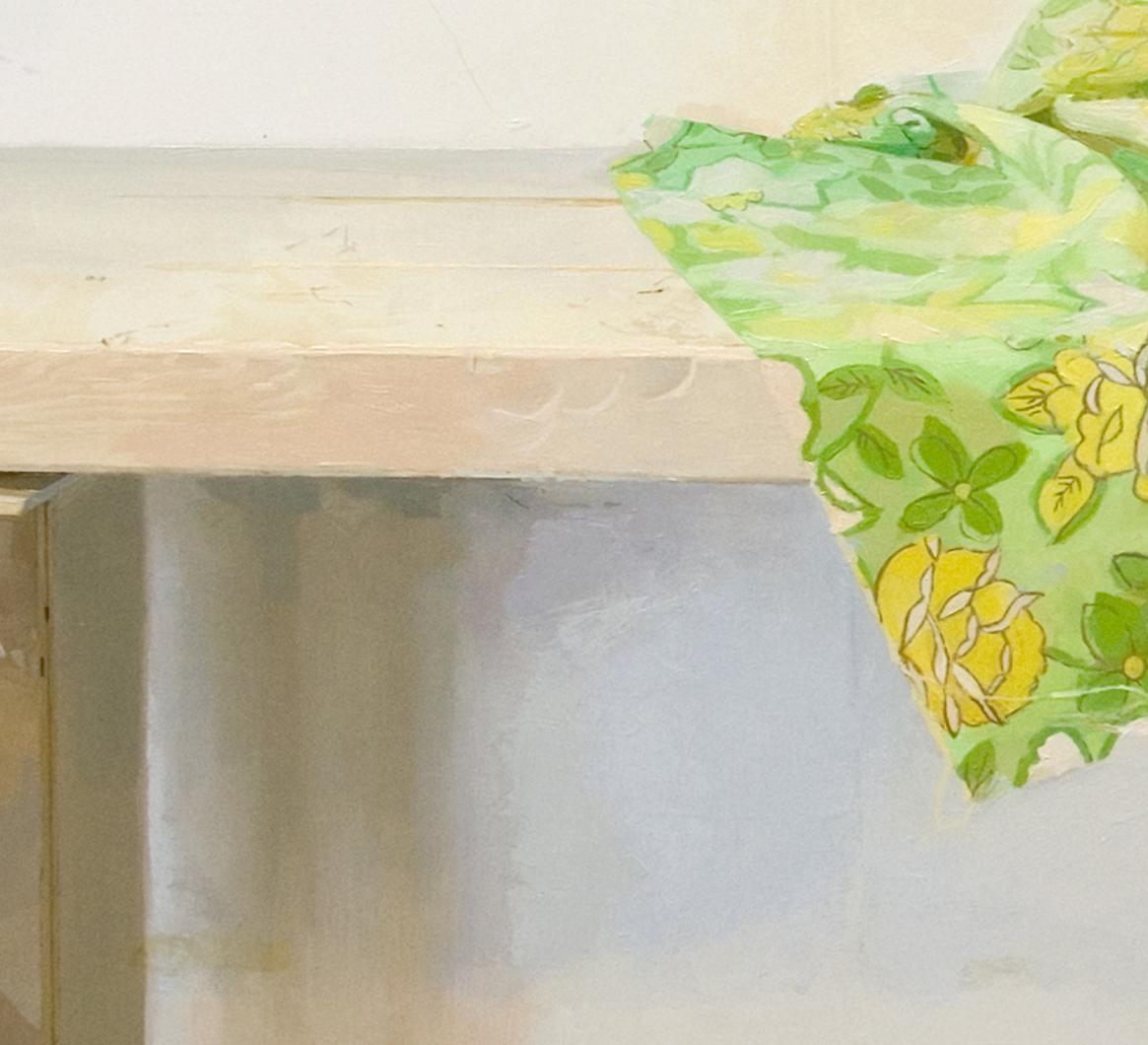 Fragment, Still Life, Botanical Patterned Green, Yellow Fabric, Wooden Table For Sale 2