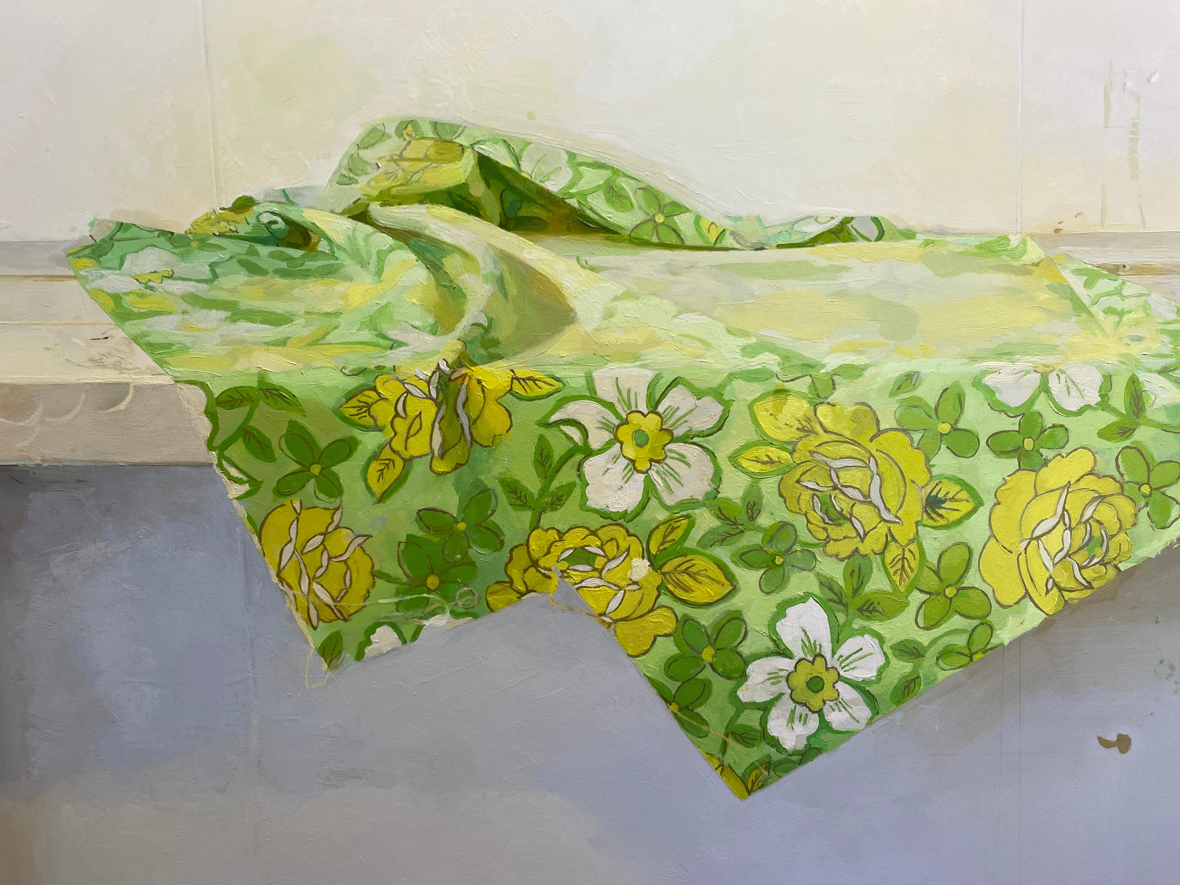 Fragment, Still Life, Botanical Patterned Green, Yellow Fabric, Wooden Table For Sale 3