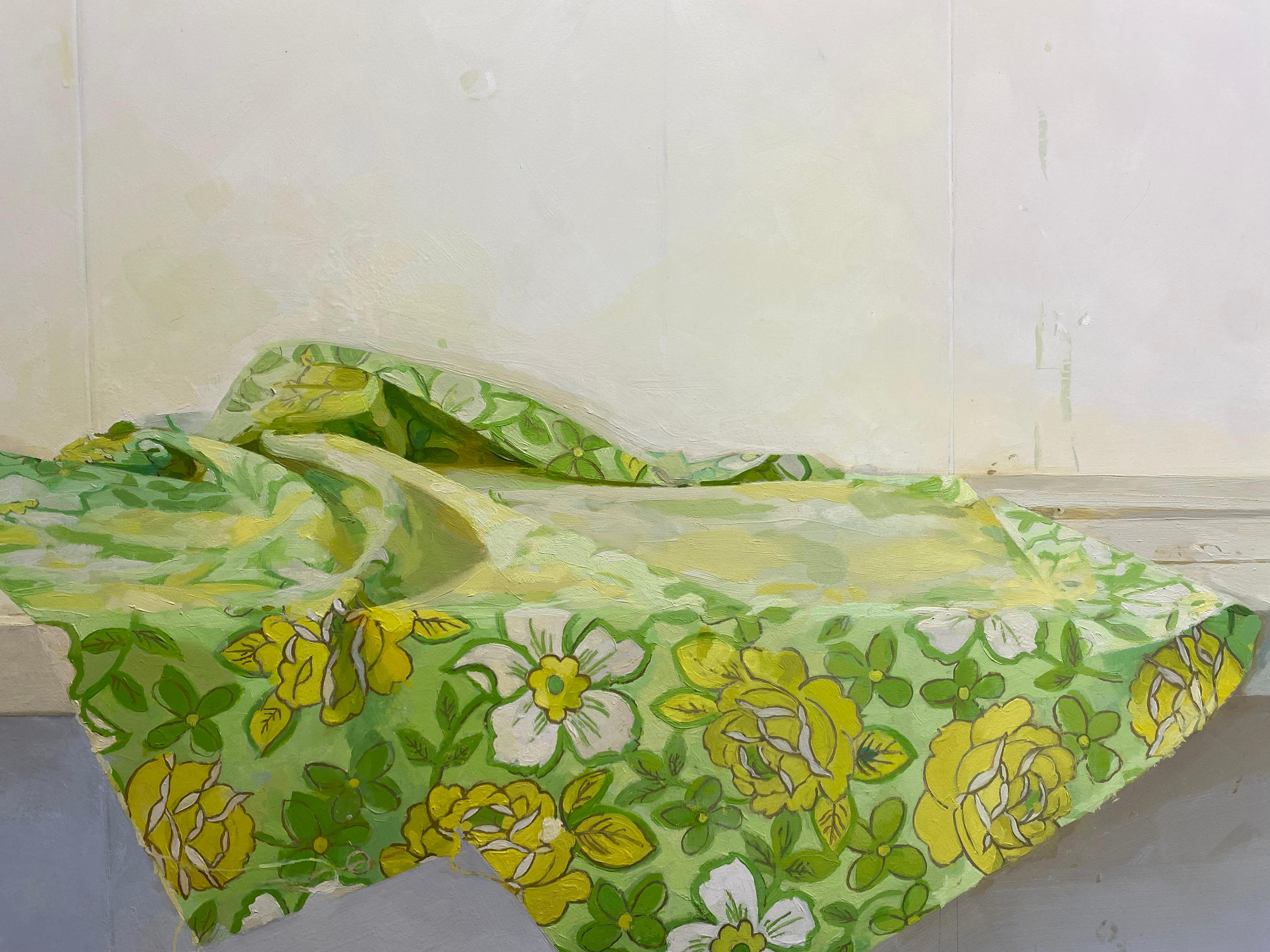Fragment, Still Life, Botanical Patterned Green, Yellow Fabric, Wooden Table For Sale 4