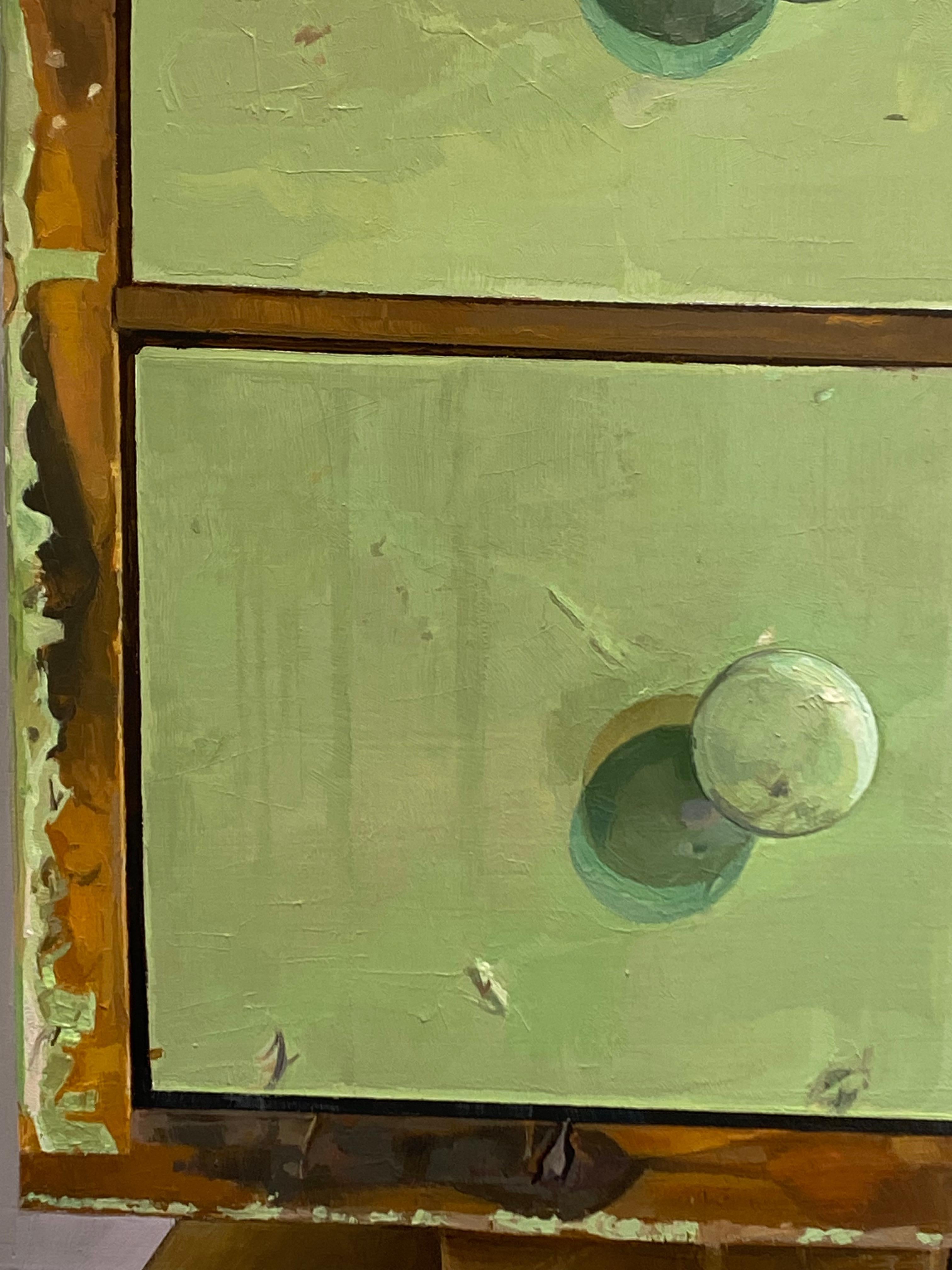 Green Drawers, Still Life Painting, Light Green Drawers Curvilinear For Sale 2