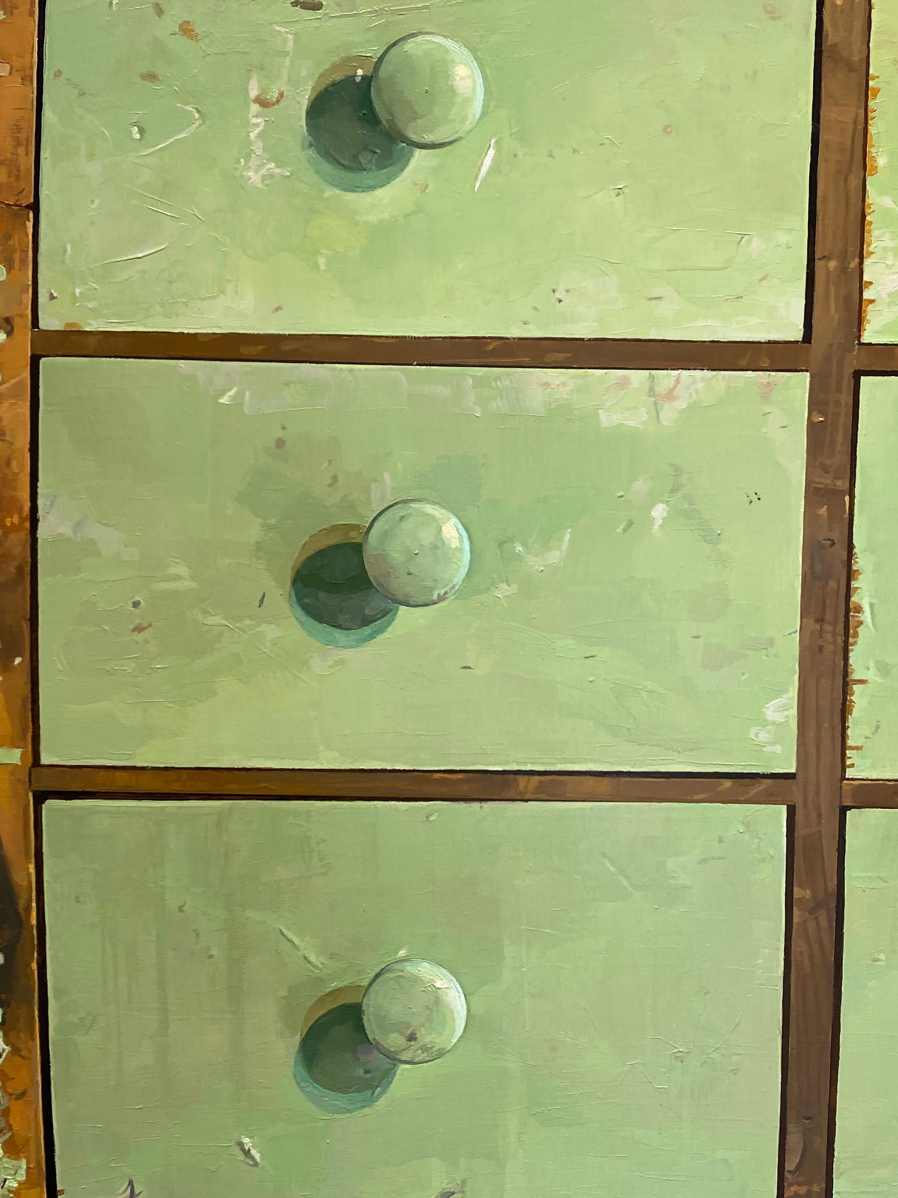 Green Drawers, Still Life Painting, Light Green Drawers Curvilinear For Sale 4