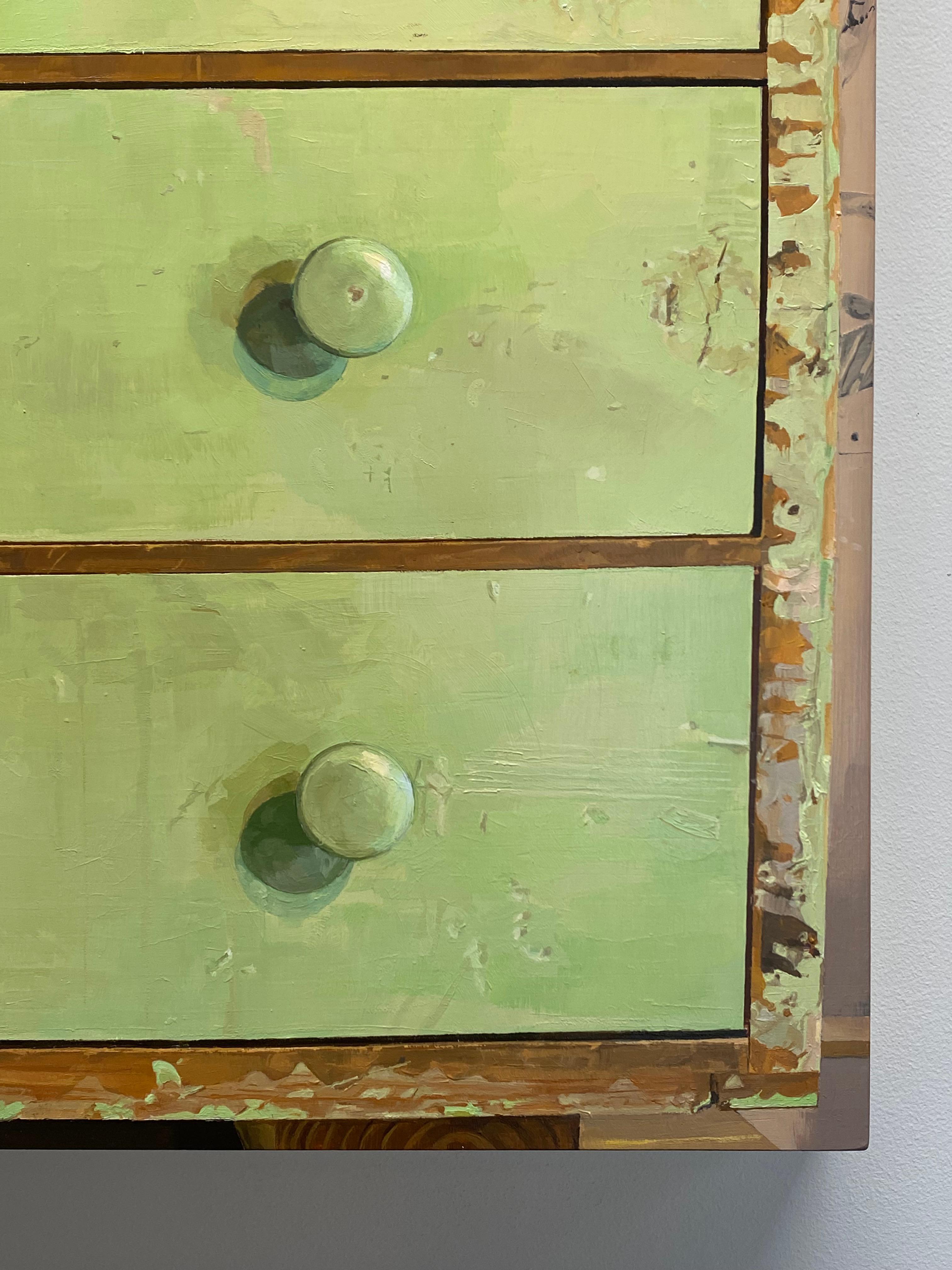 Green Drawers, Still Life Painting, Light Green Drawers Curvilinear For Sale 6