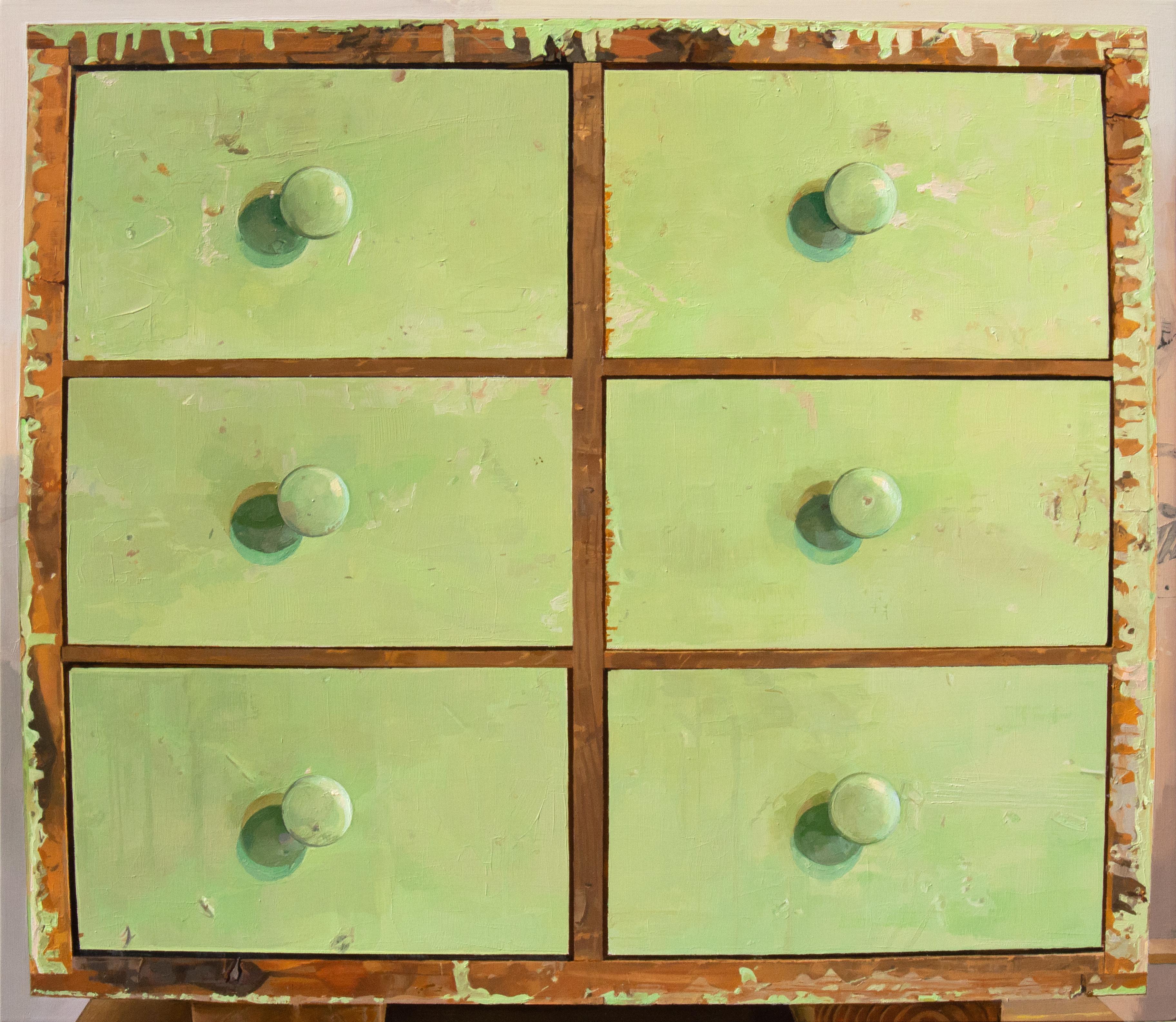 Green Drawers, Still Life Painting, Light Green Drawers Curvilinear