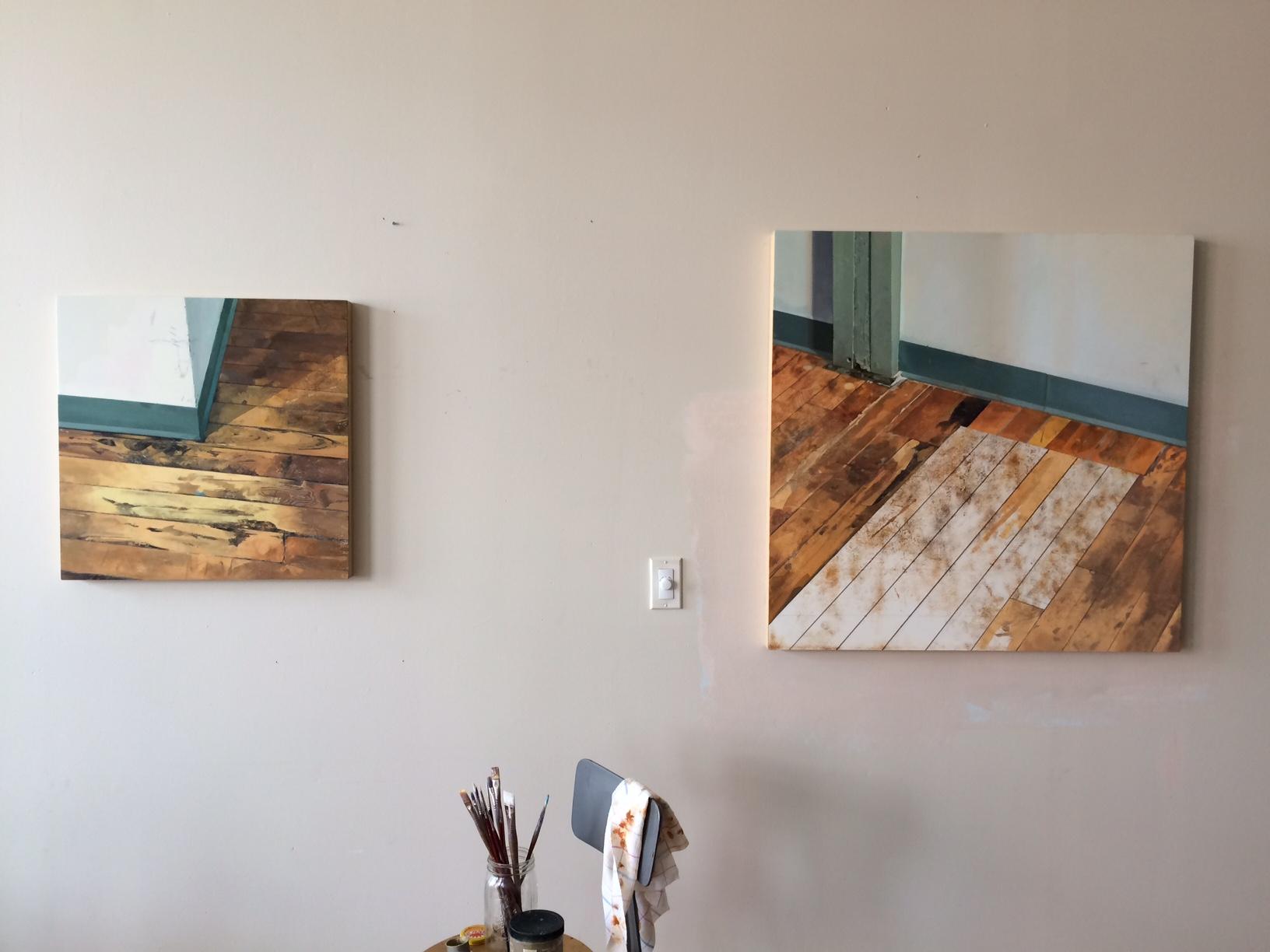 Hallway Corner, White Walls, Teal Baseboard, Golden Wood Floors, Studio Interior - Painting by Brett Eberhardt
