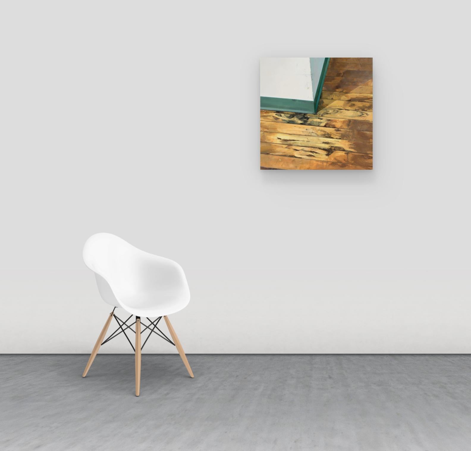 The warmth of a worn, golden brown hardwood floor is unexpectedly dramatic against a stark white wall and teal green baseboard. Signed, dated and titled on verso.

Brett Eberhardt’s painted interiors are inhabited by singular objects, and are vacant