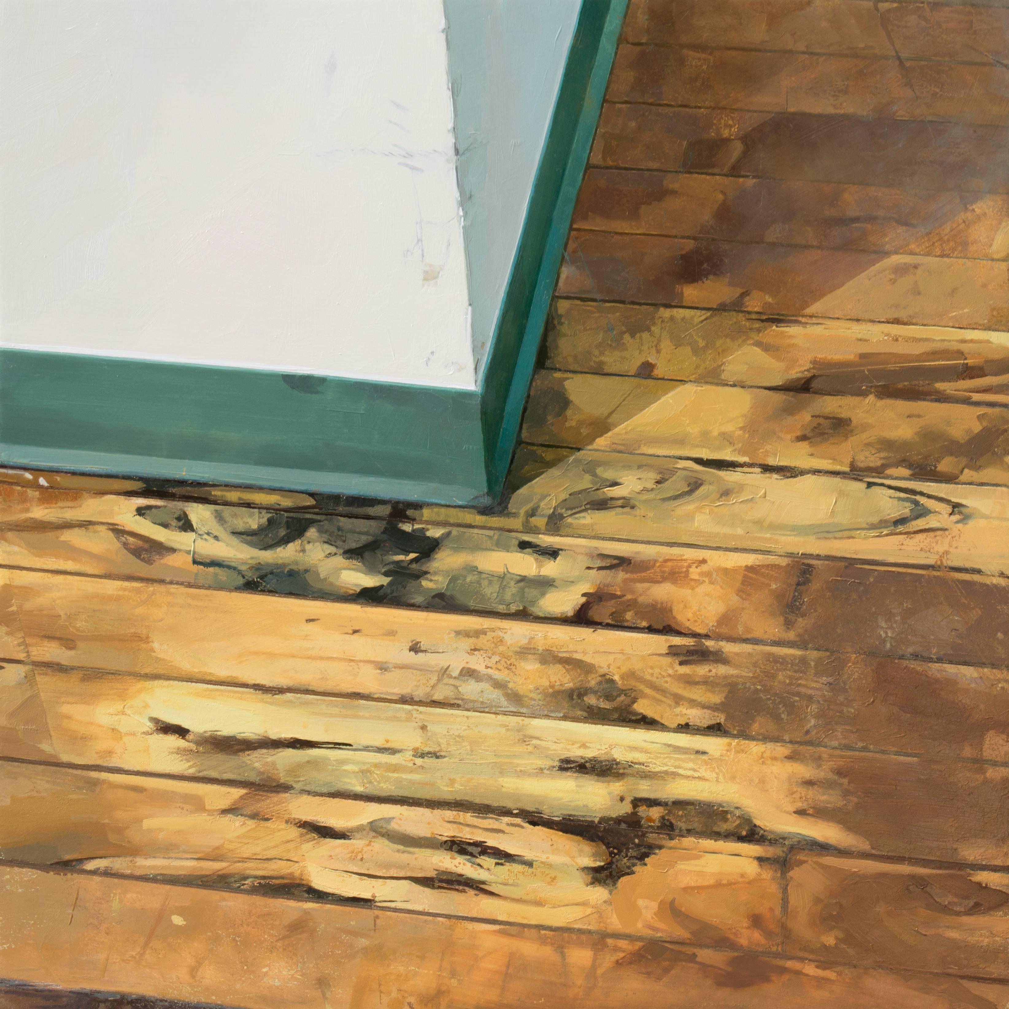 Brett Eberhardt Interior Painting - Hallway Corner, White Walls, Teal Baseboard, Golden Wood Floors, Studio Interior