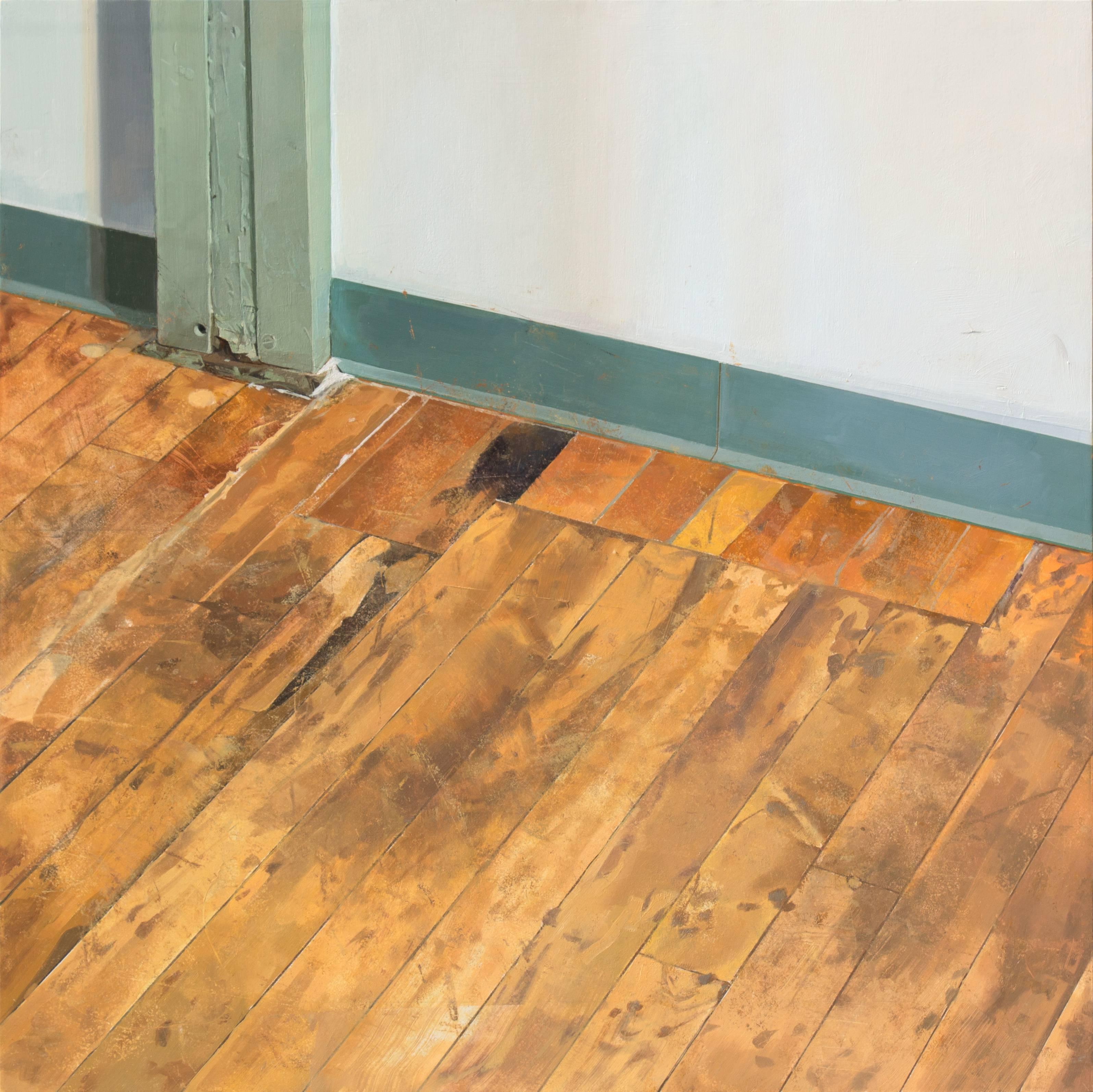 Brett Eberhardt Interior Painting - Hallway Floor - Woodgrain Floor Teal Baseboard White Hall Interior, 2016
