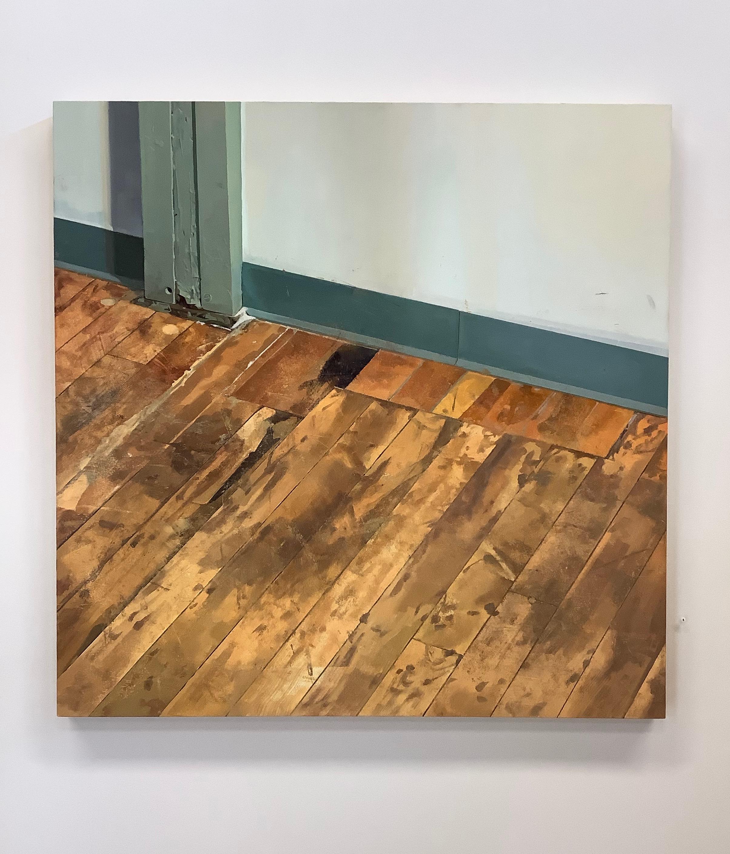 Hallway Floor, Woodgrain Floorboards, Teal Baseboard, White Room Interior Scene - Painting by Brett Eberhardt