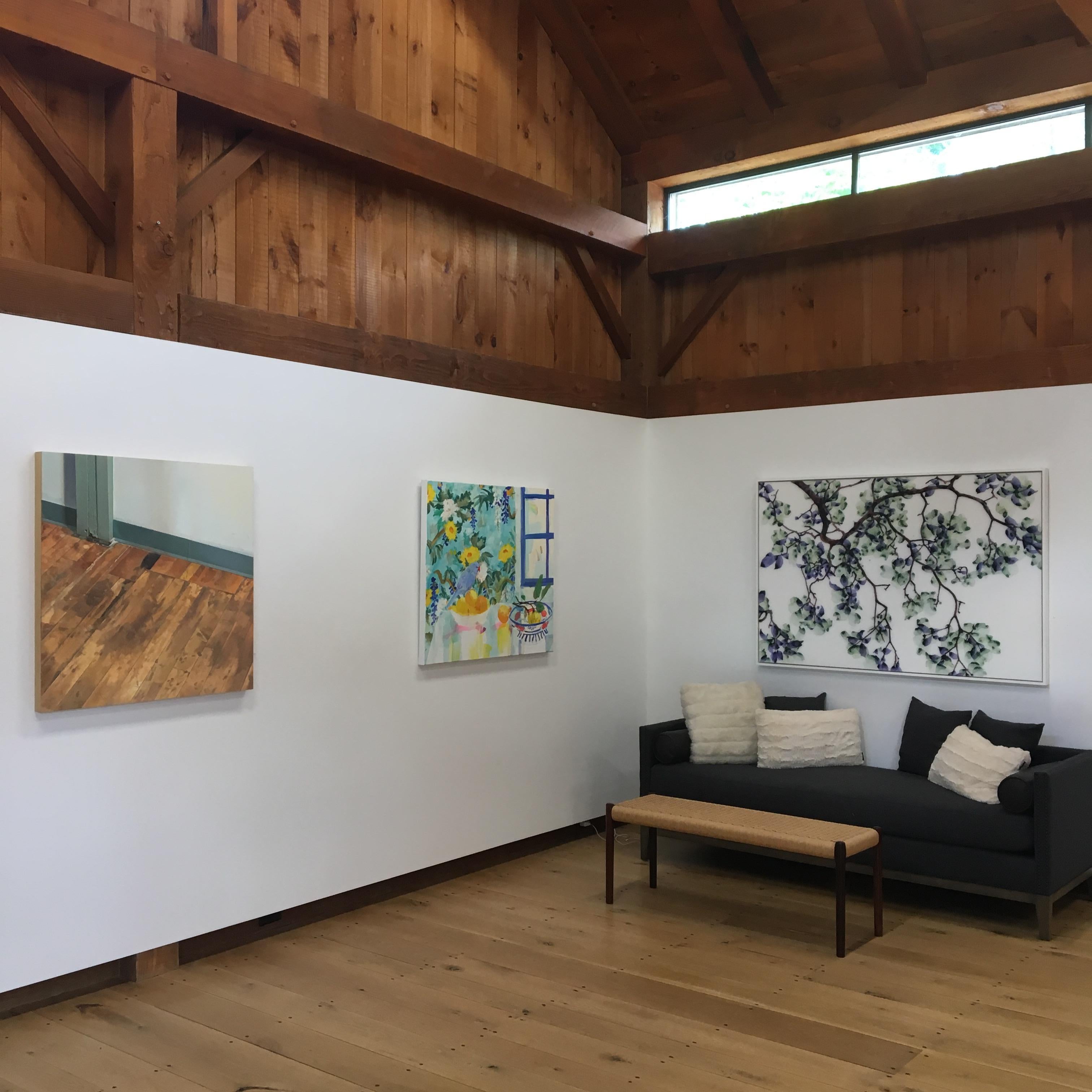 Hallway Floor, Woodgrain Floorboards, Teal Baseboard, White Room Interior Scene - Contemporary Painting by Brett Eberhardt