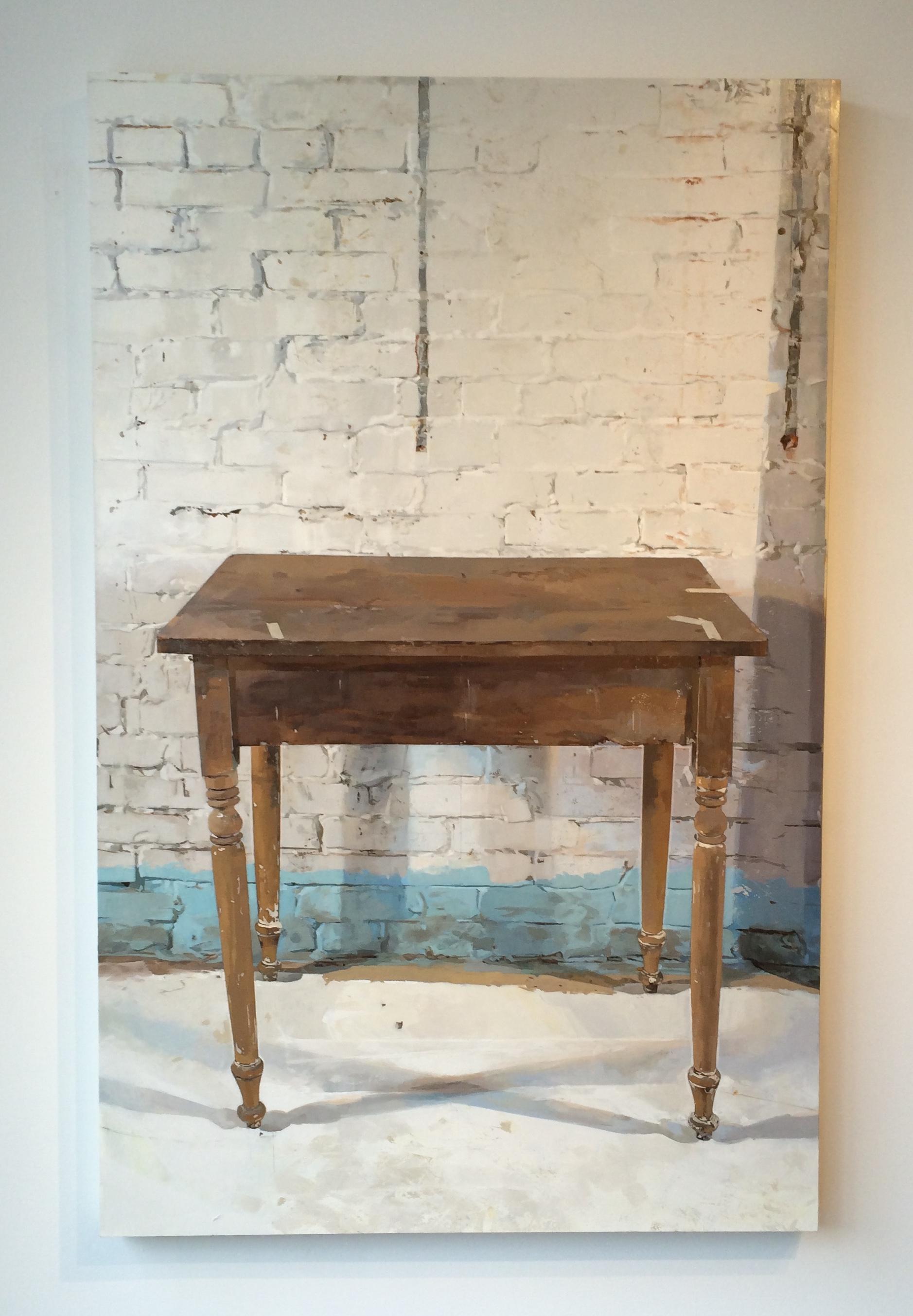 Jeffery's Table, Interior Still Life, Brown Wooden Table, White Brick Wall For Sale 6