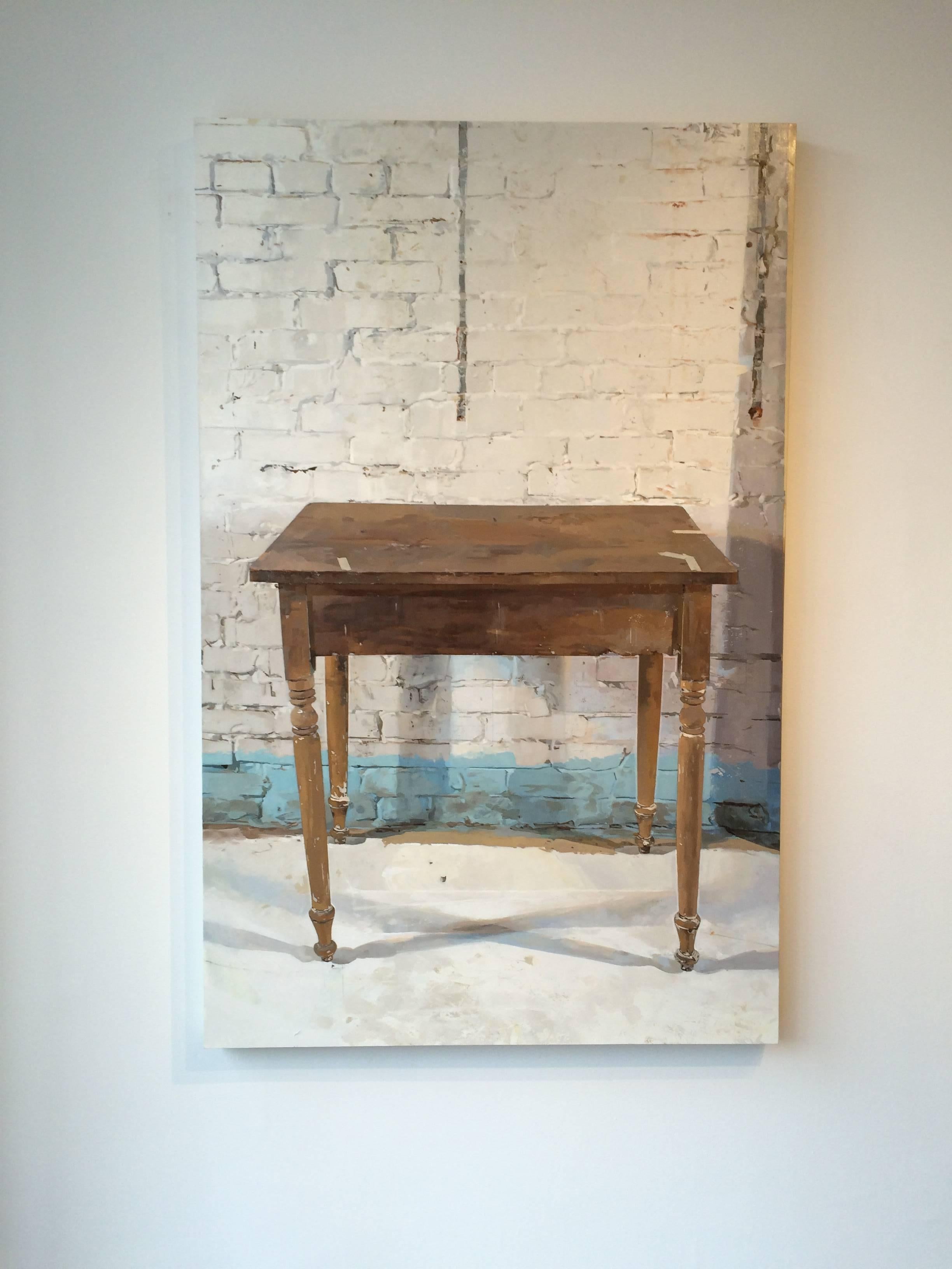 Jeffery's Table, Interior Still Life, Brown Wooden Table, White Brick Wall - Painting by Brett Eberhardt