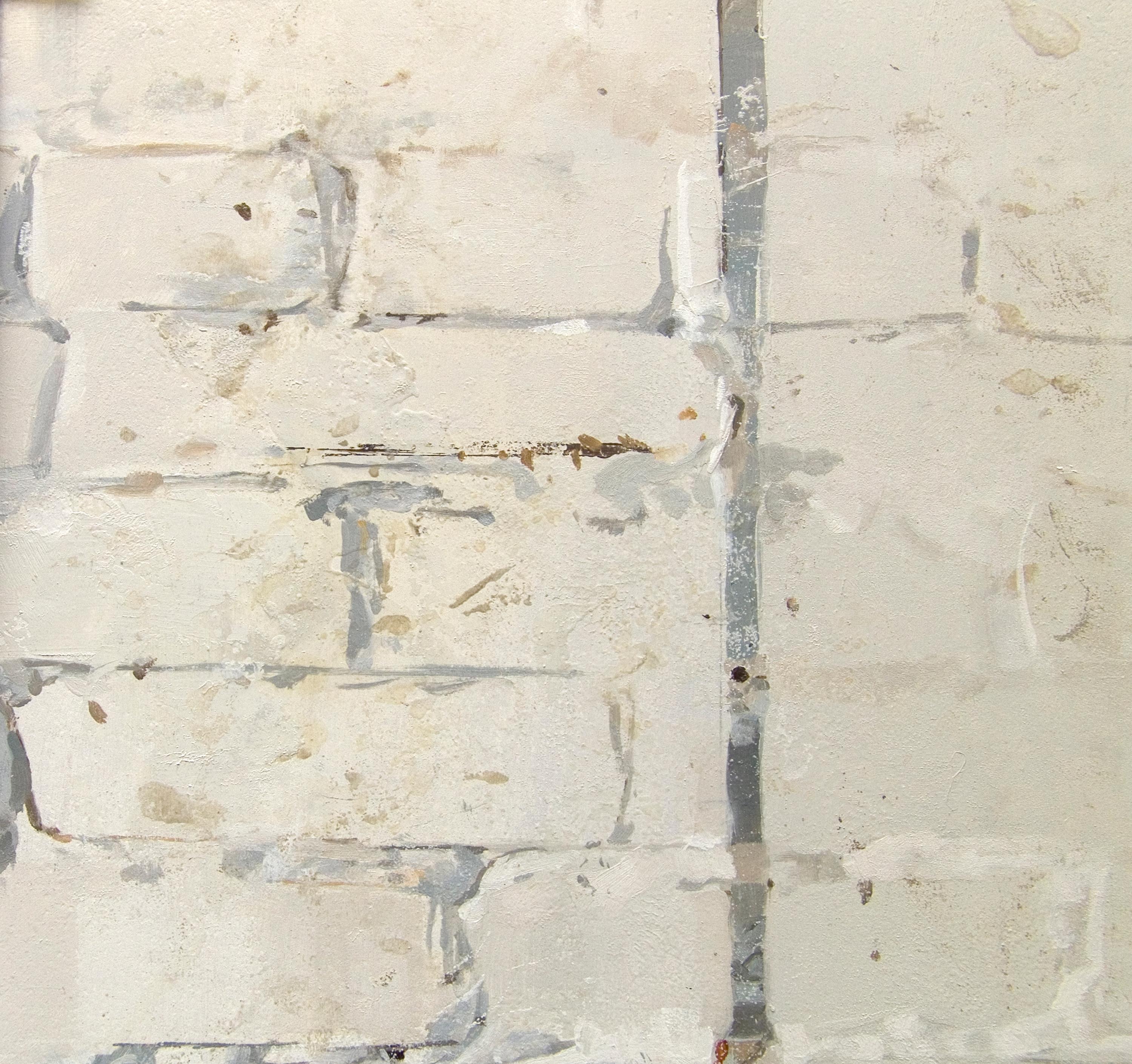 Jeffery's Table, Interior Still Life, Brown Wooden Table, White Brick Wall For Sale 2