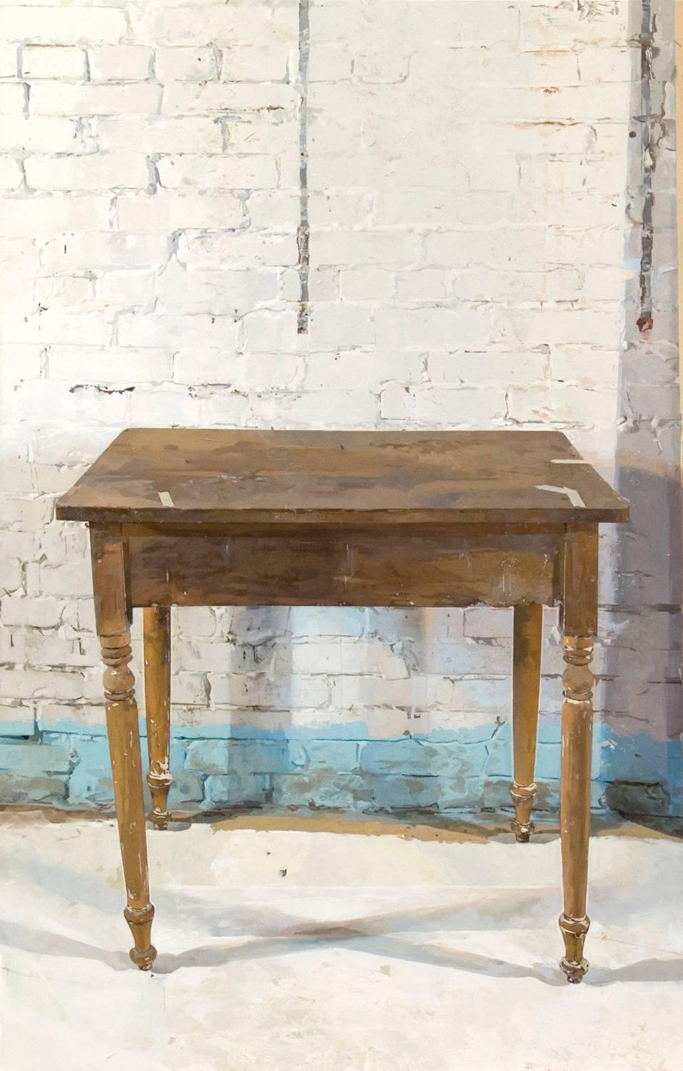 Brett Eberhardt Still-Life Painting - Jeffery's Table, Interior Still Life, Brown Wooden Table, White Brick Wall