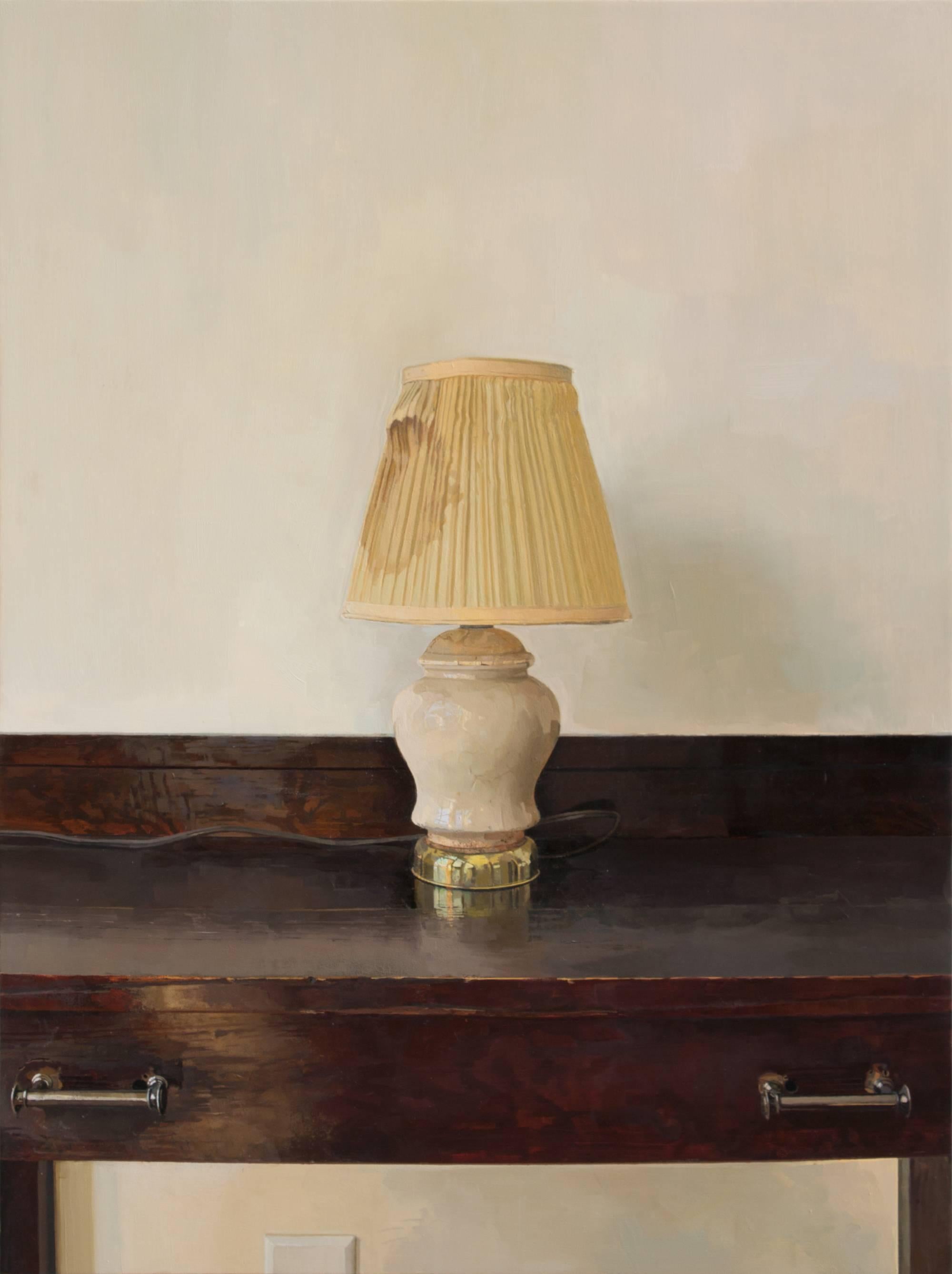Lamp Revisited, Still Life Painting of Lamp on Dark Brown Mahogany Wooden Desk