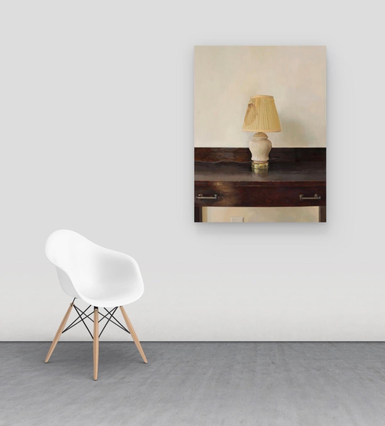 Lamp Revisited, Still Life with Lamp on Dark Brown Mahogany Wooden Desk - Contemporary Painting by Brett Eberhardt