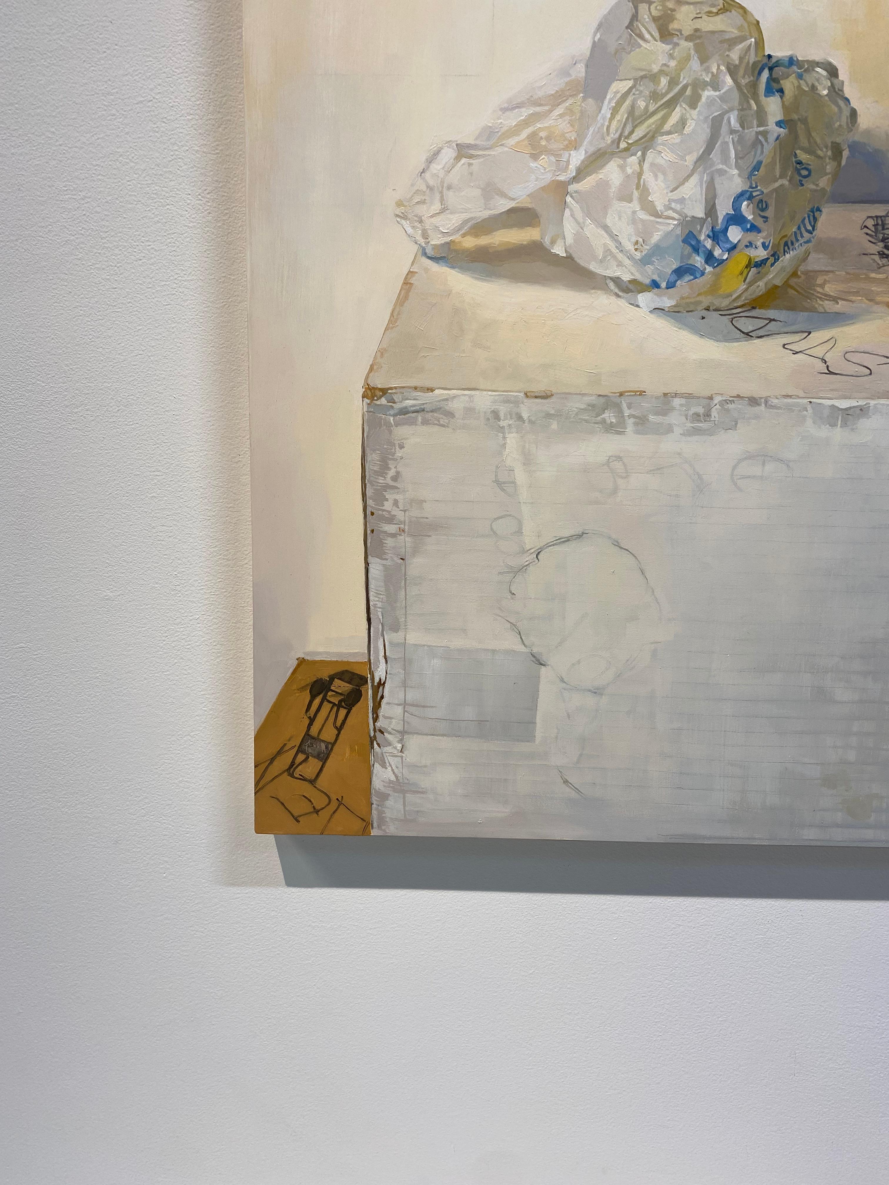 Lederflasche mit Linseed-Behälter, Behälter, weiße Tasche, blau, realistisches Studio-Stillleben (Zeitgenössisch), Painting, von Brett Eberhardt
