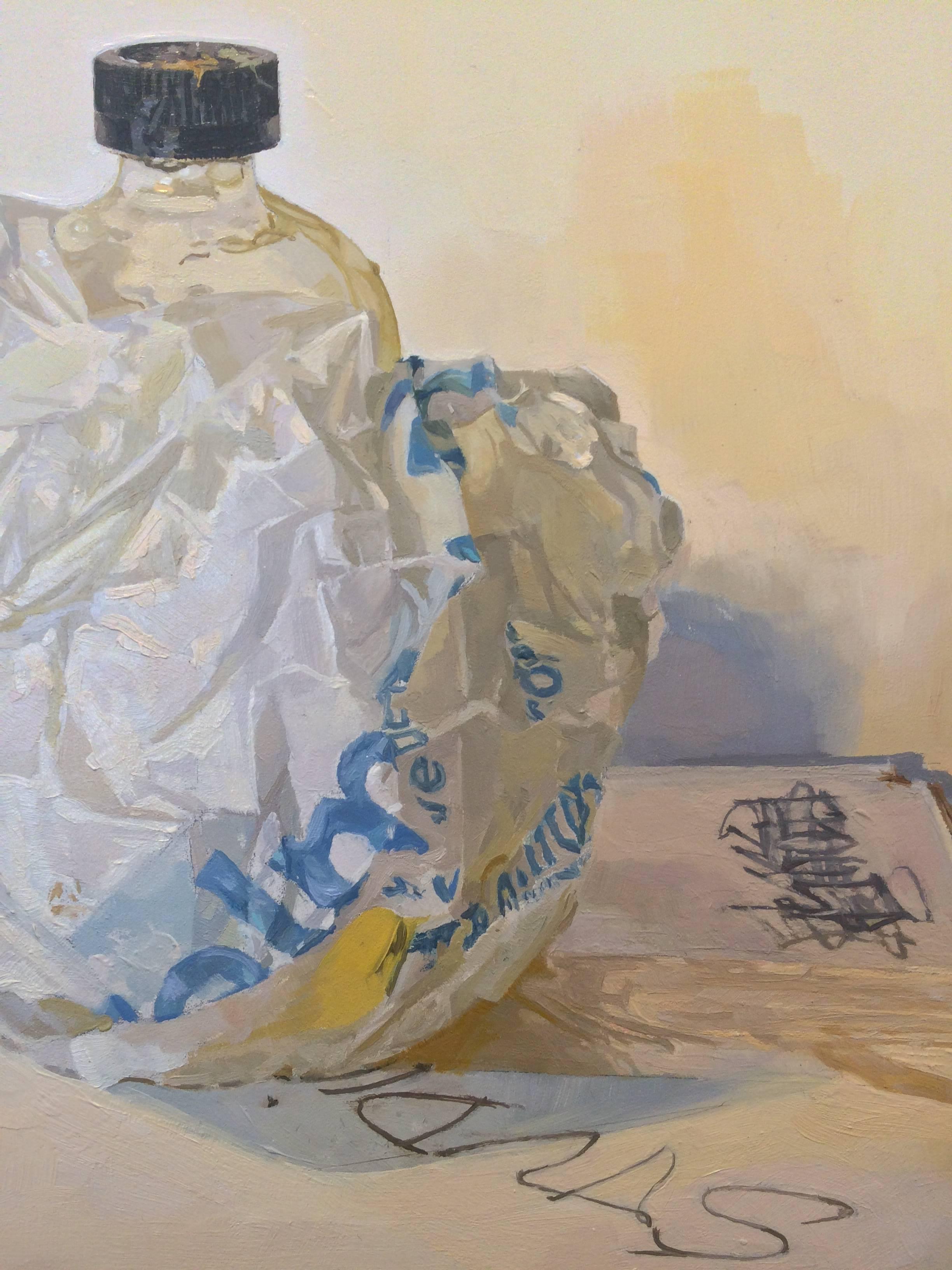 In this quiet still life painting, a single bottle of linseed oil in a crumbled white bag with light blue letters on the side stands atop a nondescript white cardboard box that reads 